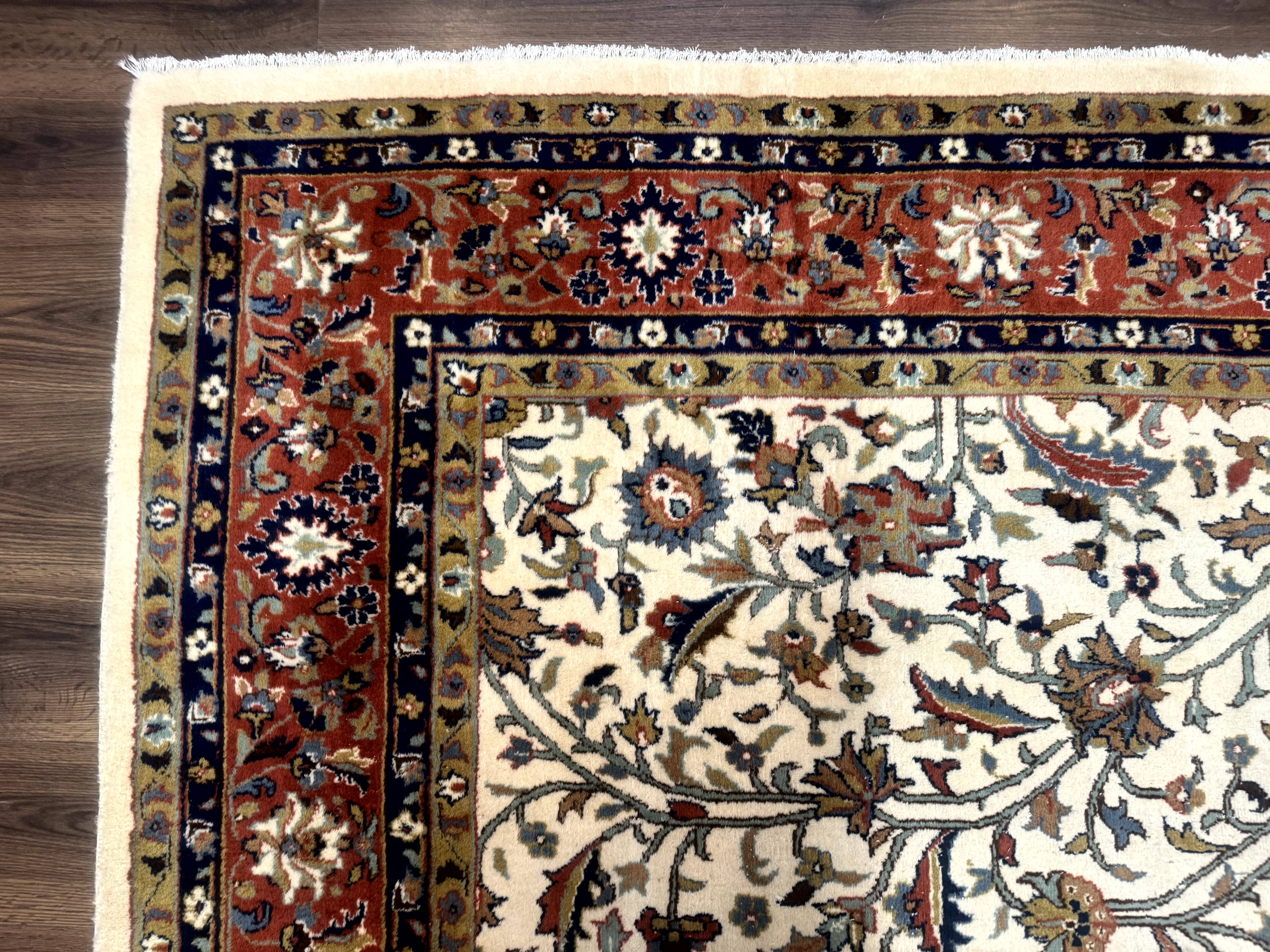 Indo Persian Rug 9x12, Ivory and Red, Traditional Wool Oriental Carpet - Jewel Rugs