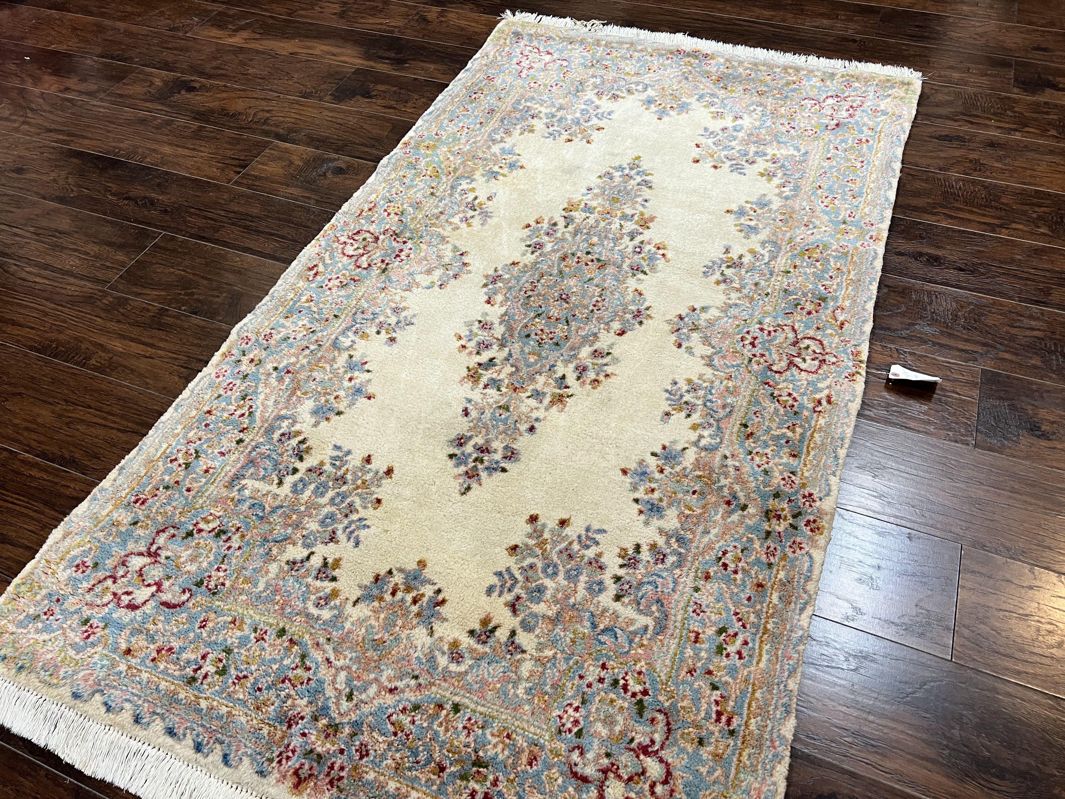 Persian Kirman Rug 4x7, Wool Handmade Vintage Carpet, Cream & Light Blue, Semi Open Field, Traditional Oriental Rug - Jewel Rugs
