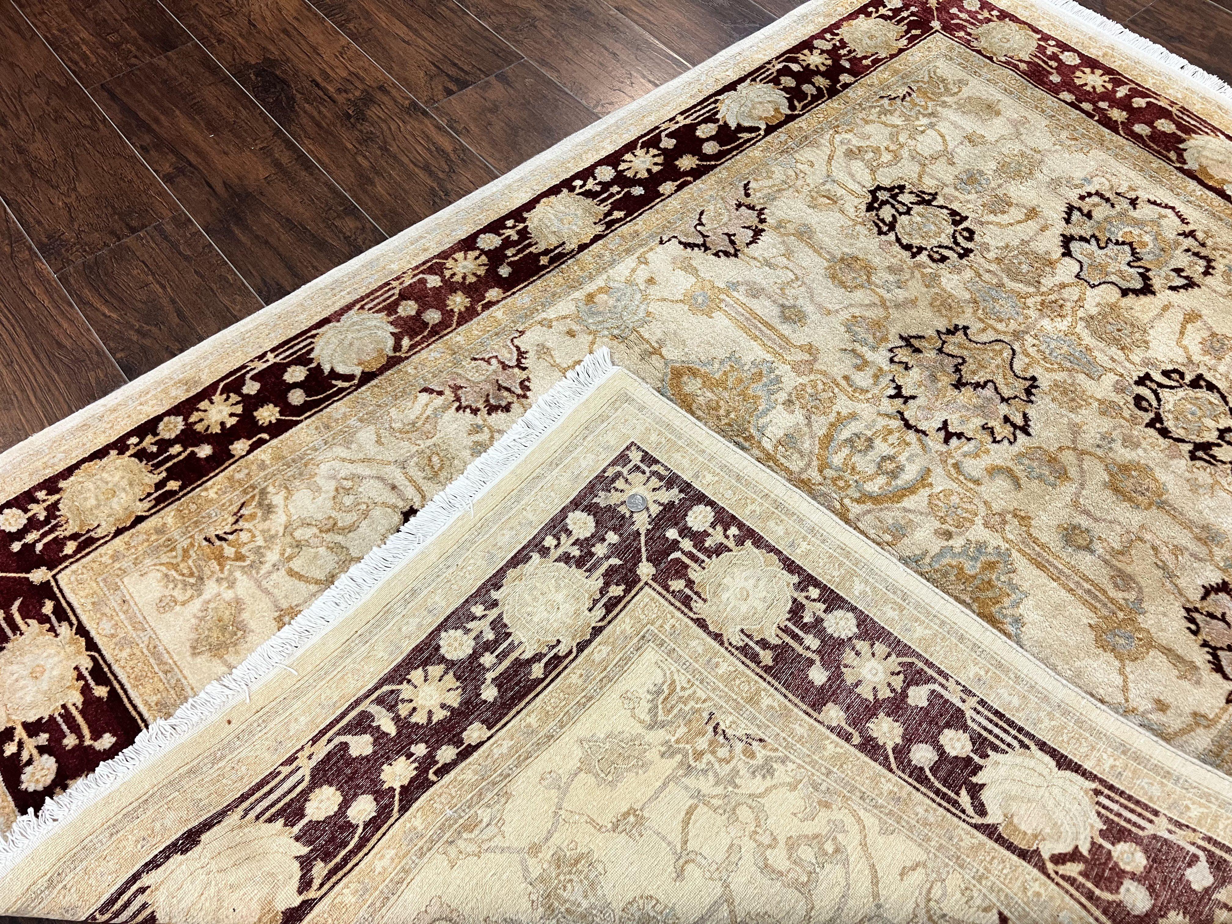 Peshawar Rug 5x7, Beige and Maroon, Vintage Handmade Wool Traditional Carpet 5 x 7 ft, Pakistani Rug, Agra Pattern, Very Fine 260 KPSI - Jewel Rugs