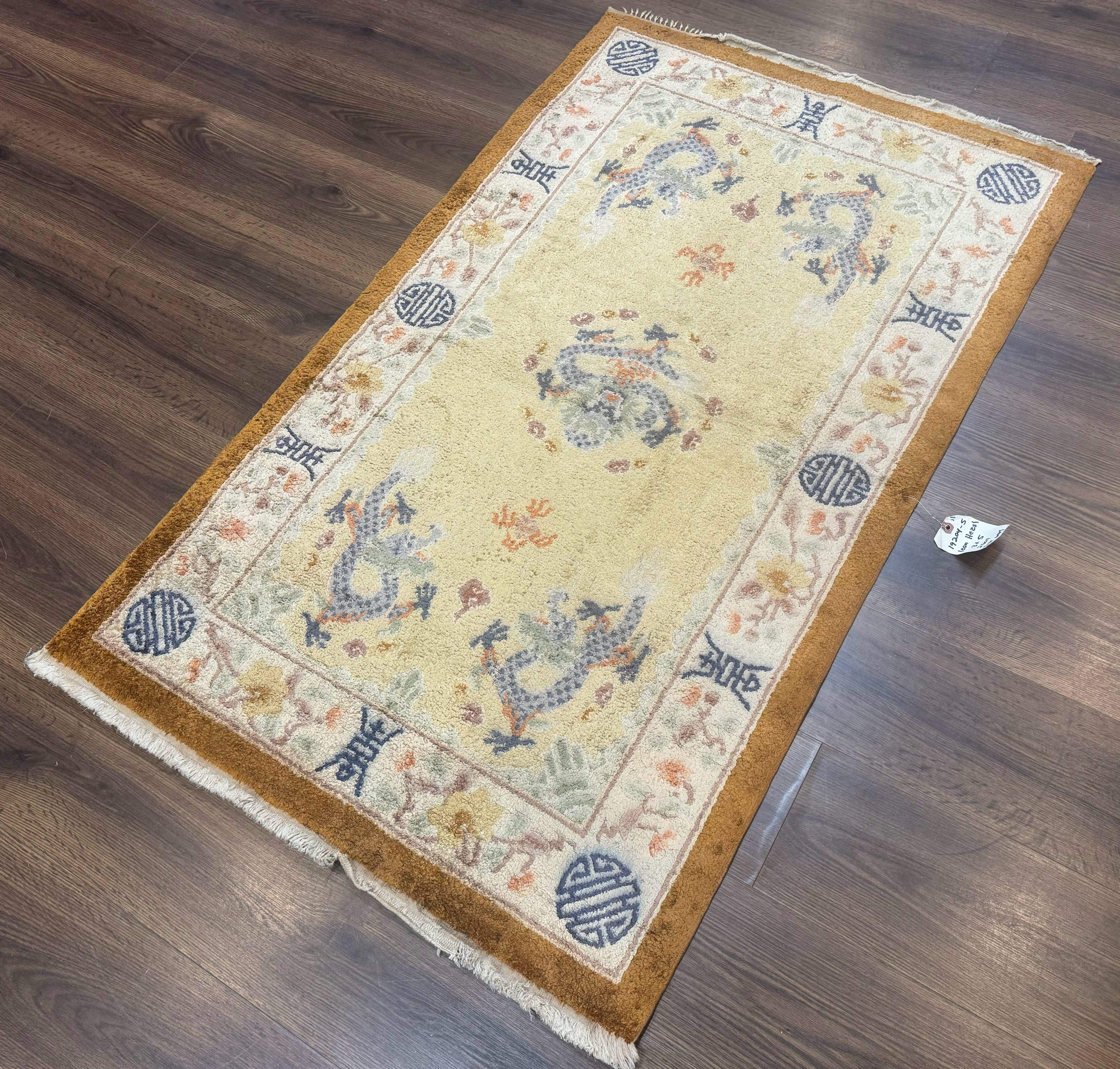 Chinese Silk Rug 3x5, Dragons, Hand Knotted, Cream - Jewel Rugs