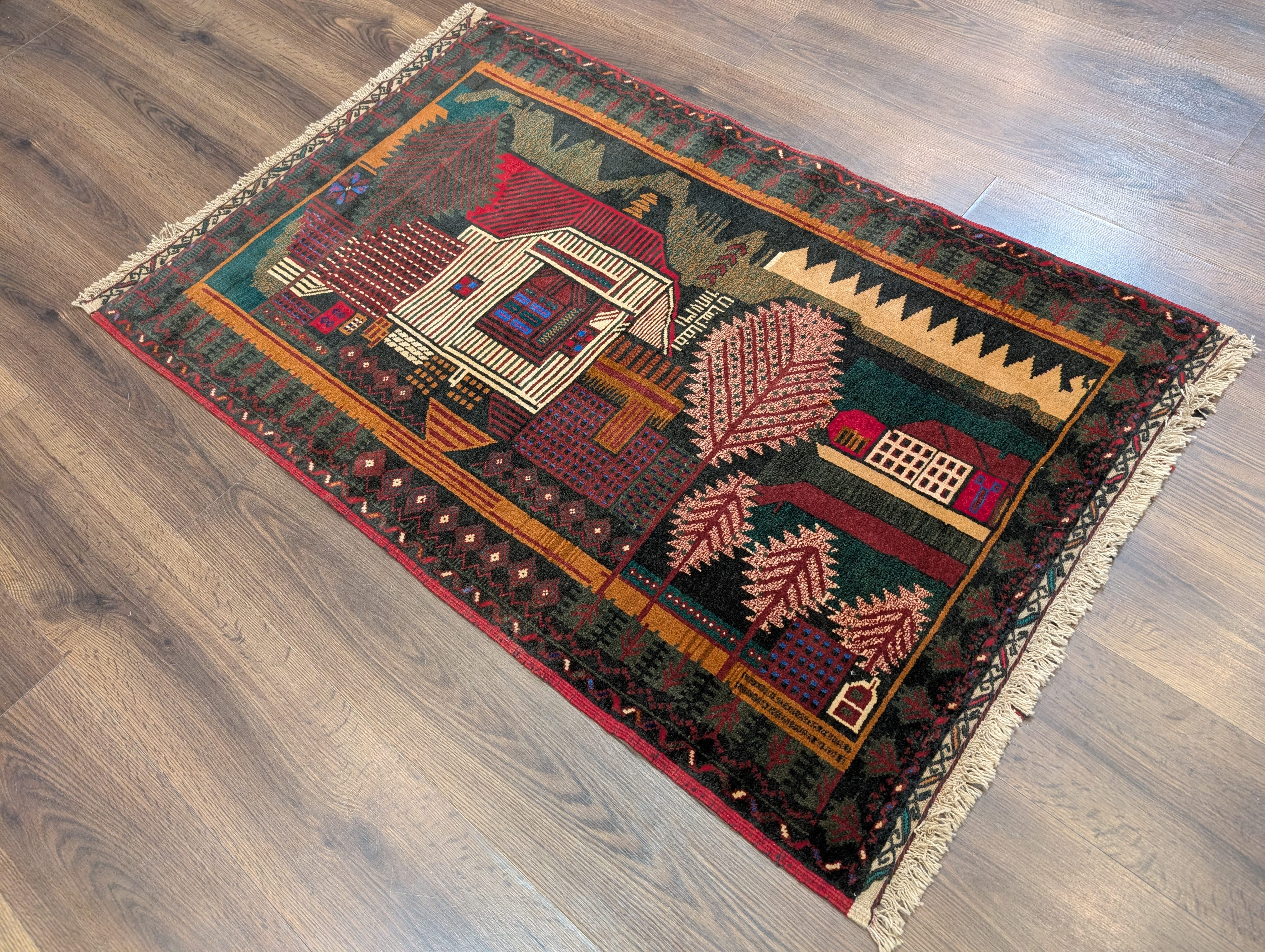 Afghan Rug 3x5, Pictorial Village Scene, Tribal Rug, Handmade, Baluch Carpet, New - Jewel Rugs