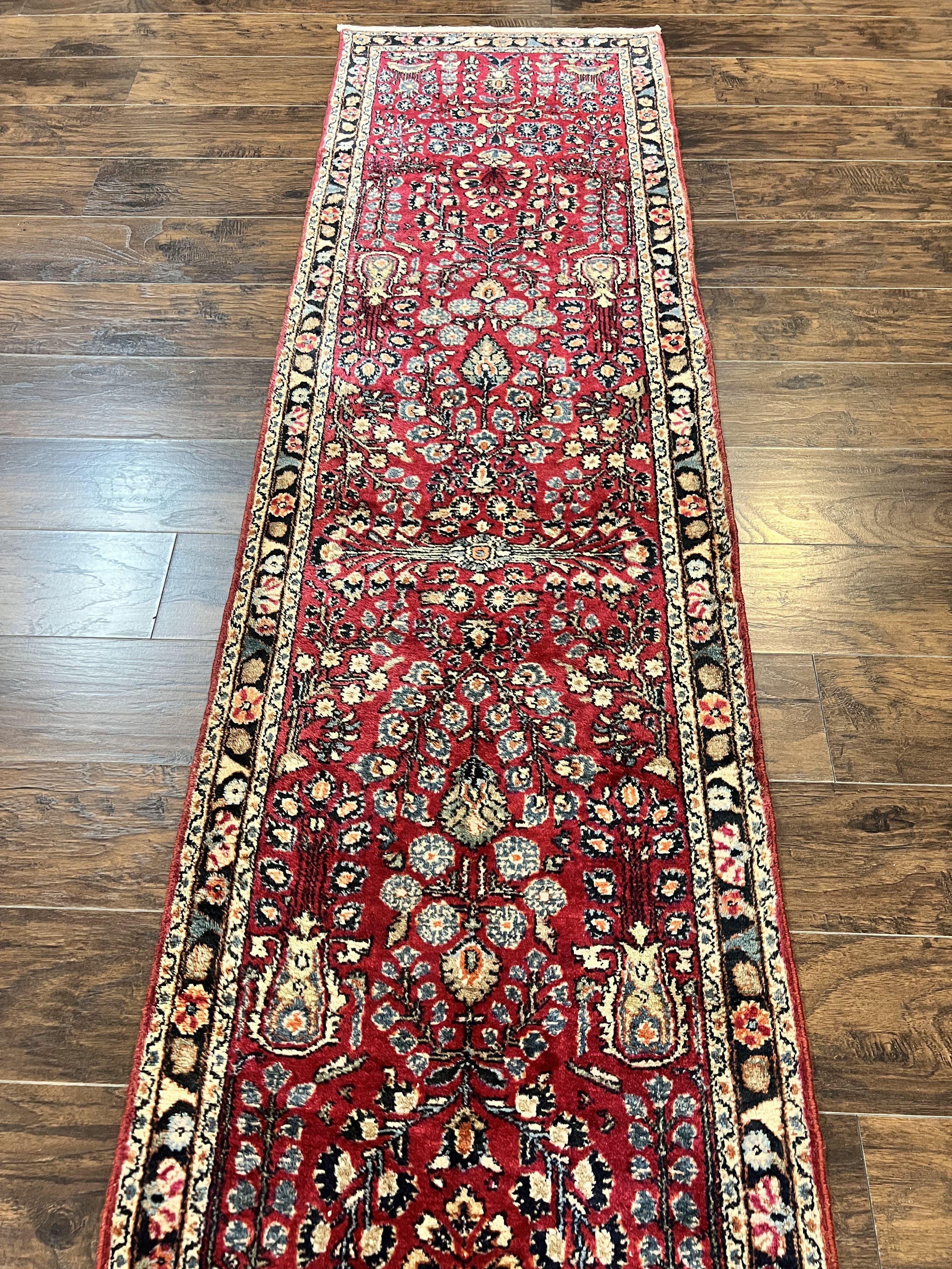 Antique Persian Runner Rug 2.6 x 10, Persian Hamadan Lilian Rug, Floral Wool Handmade 1920s Sarouk Carpet, Rug for Hallway, 10ft Runner - Jewel Rugs