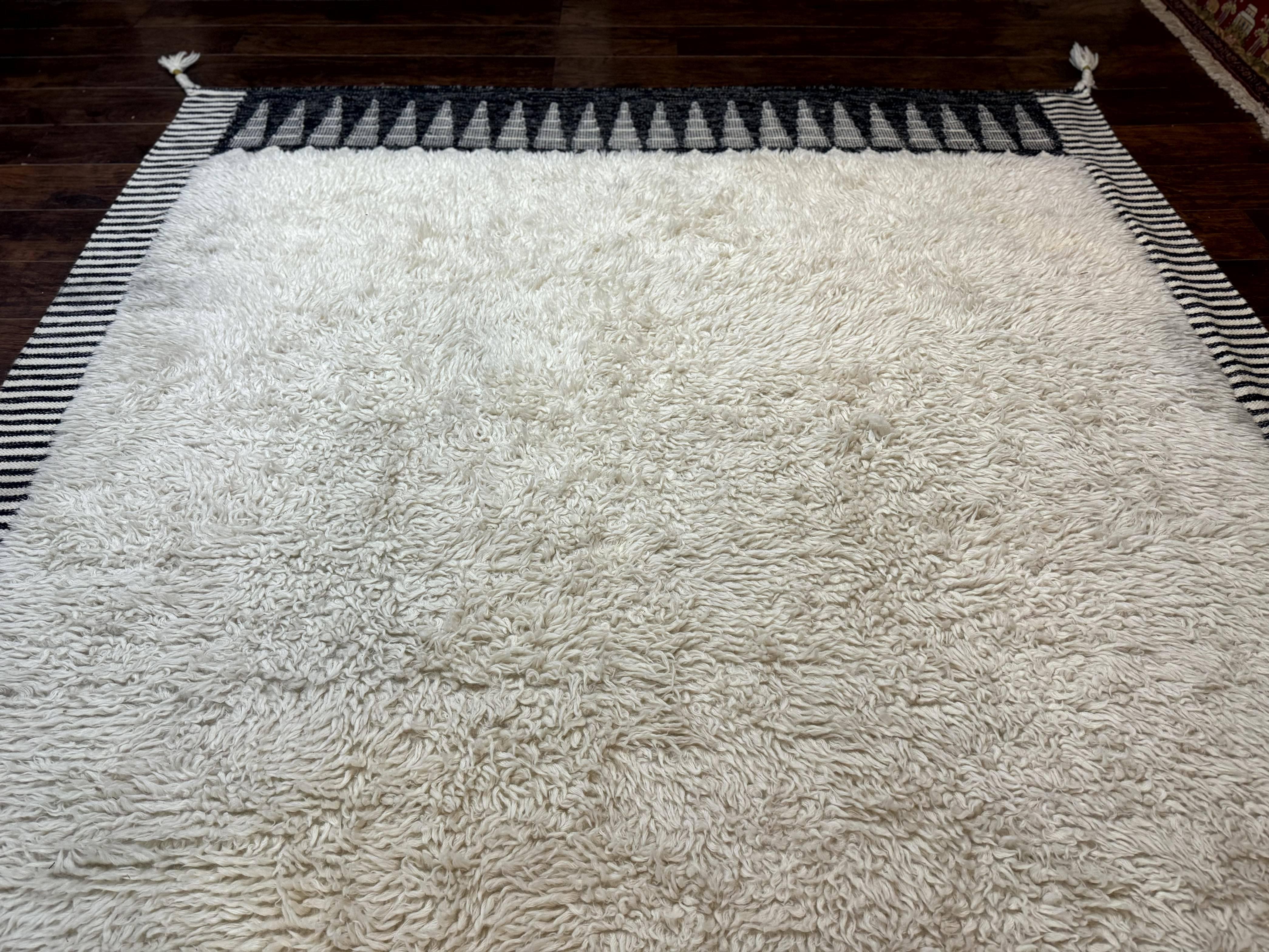 Ikat Border Shag Rug 8x10, Handmade Indian Shag Rug, Modern Contemporary - Jewel Rugs