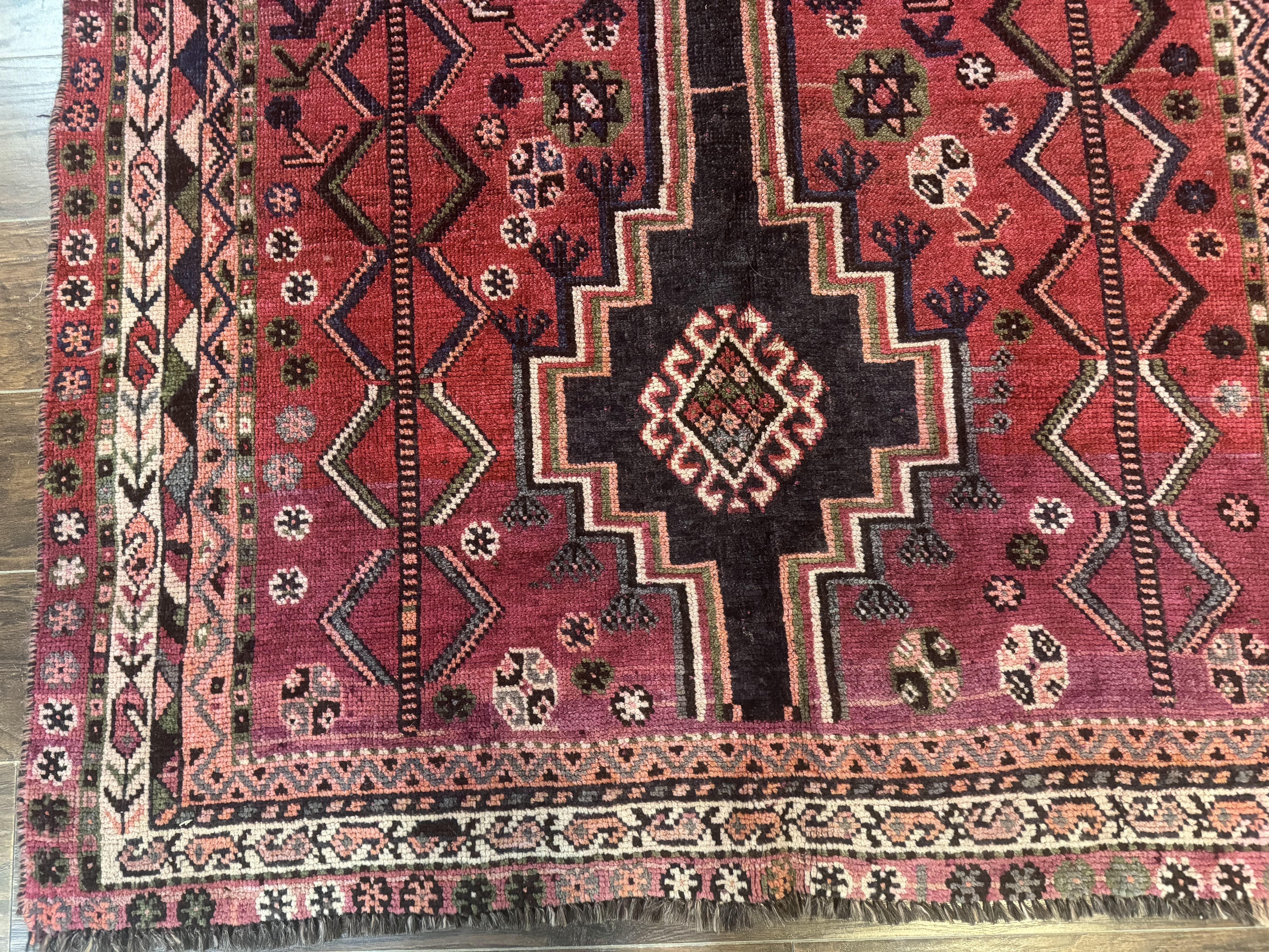 Persian Tribal Shiraz Rug 5x8, Geometric, Raspberry Red and Charcoal, Antique Persian Carpet - Jewel Rugs