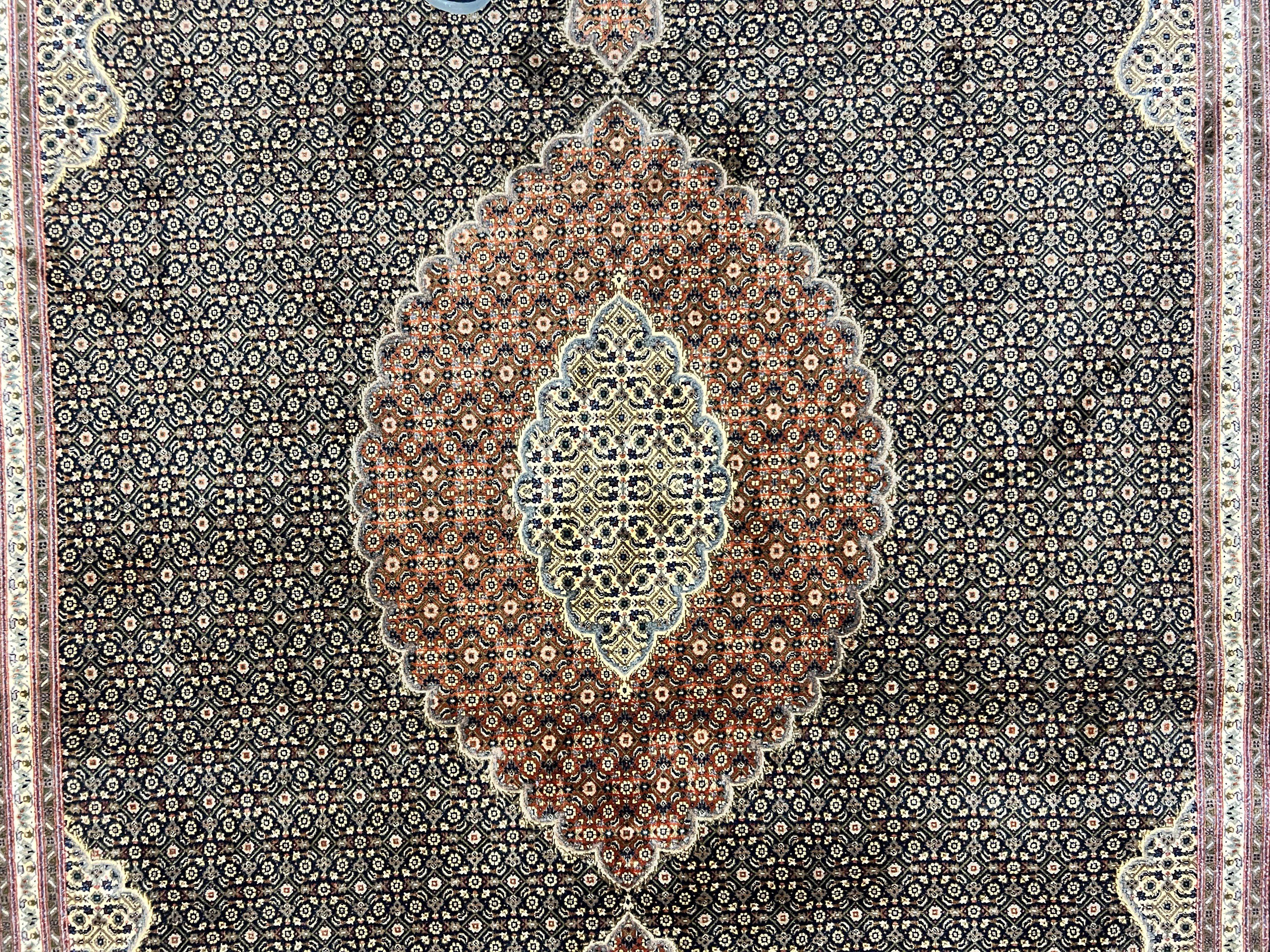 Persian Tabriz Rug 7x10, Very Fine 330 KPSI 50 Raj, Black and Beige, Handmade Wool Vintage Persian Carpet - Jewel Rugs