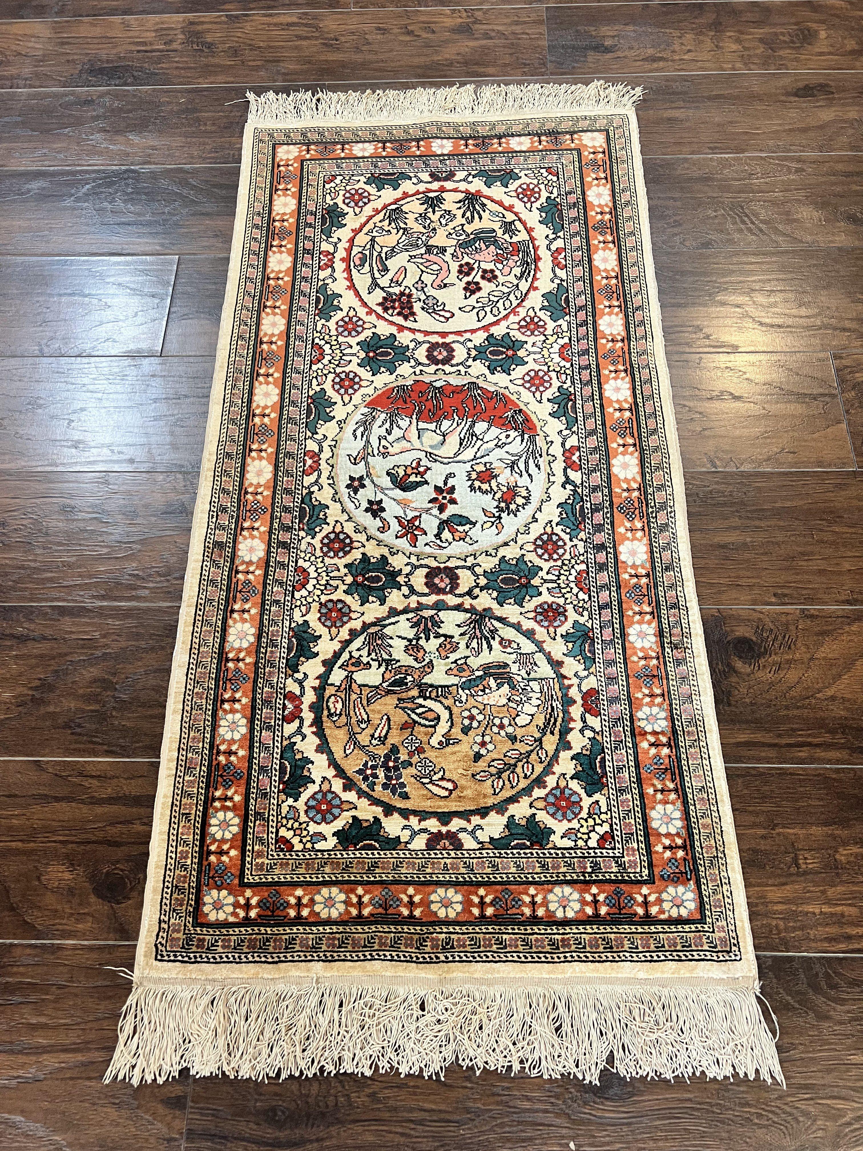 Silk Turkish Rug 2x4, Fine Handmade Oriental Rug, Animal Pictorial Birds Silk Pile on Silk Foundation Vintage Hand Knotted Hereke Carpet - Jewel Rugs