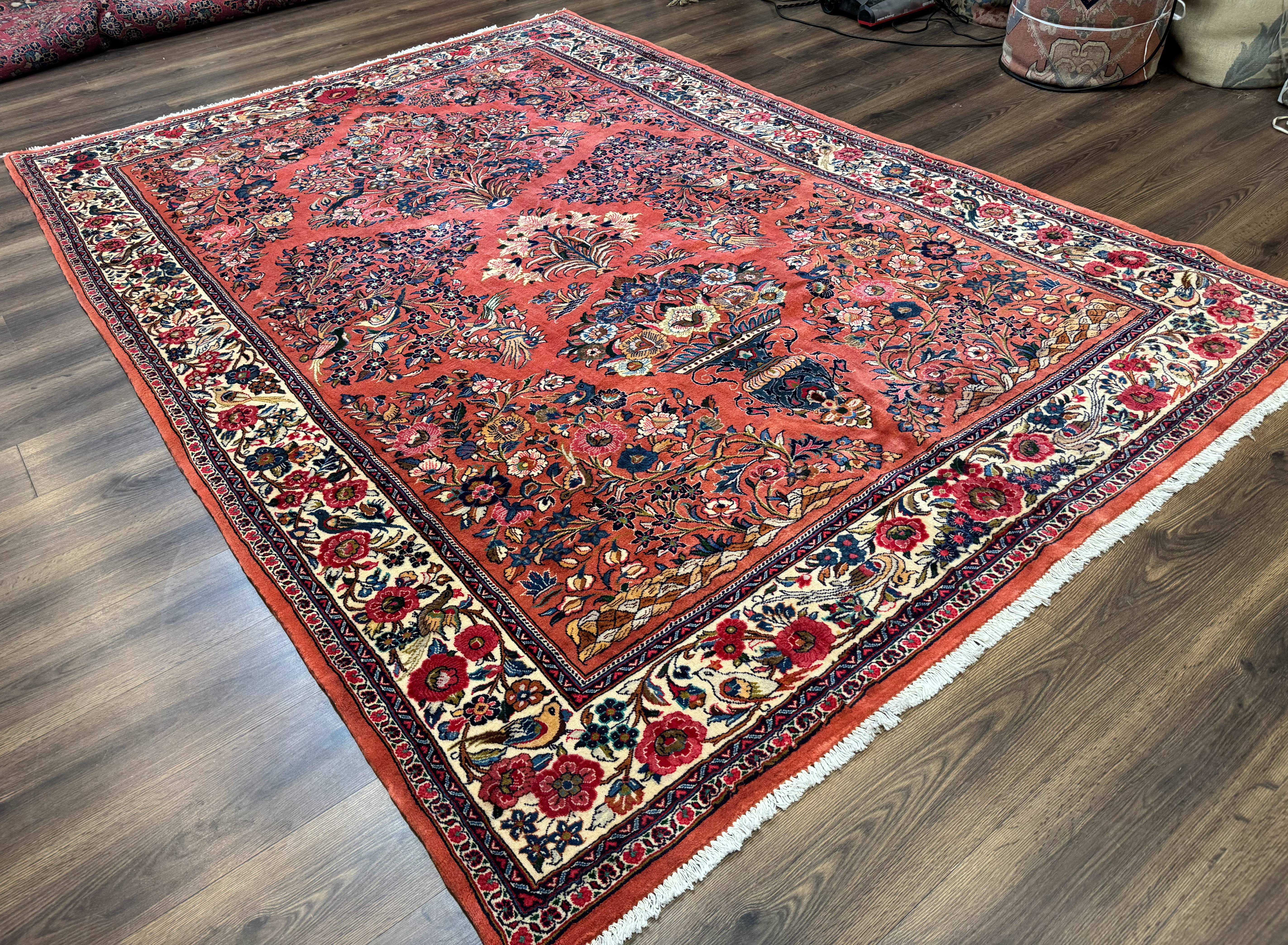 Persian Sarouk Rug 7x10, Red and Ivory, Floral Bouquets, Birds - Jewel Rugs