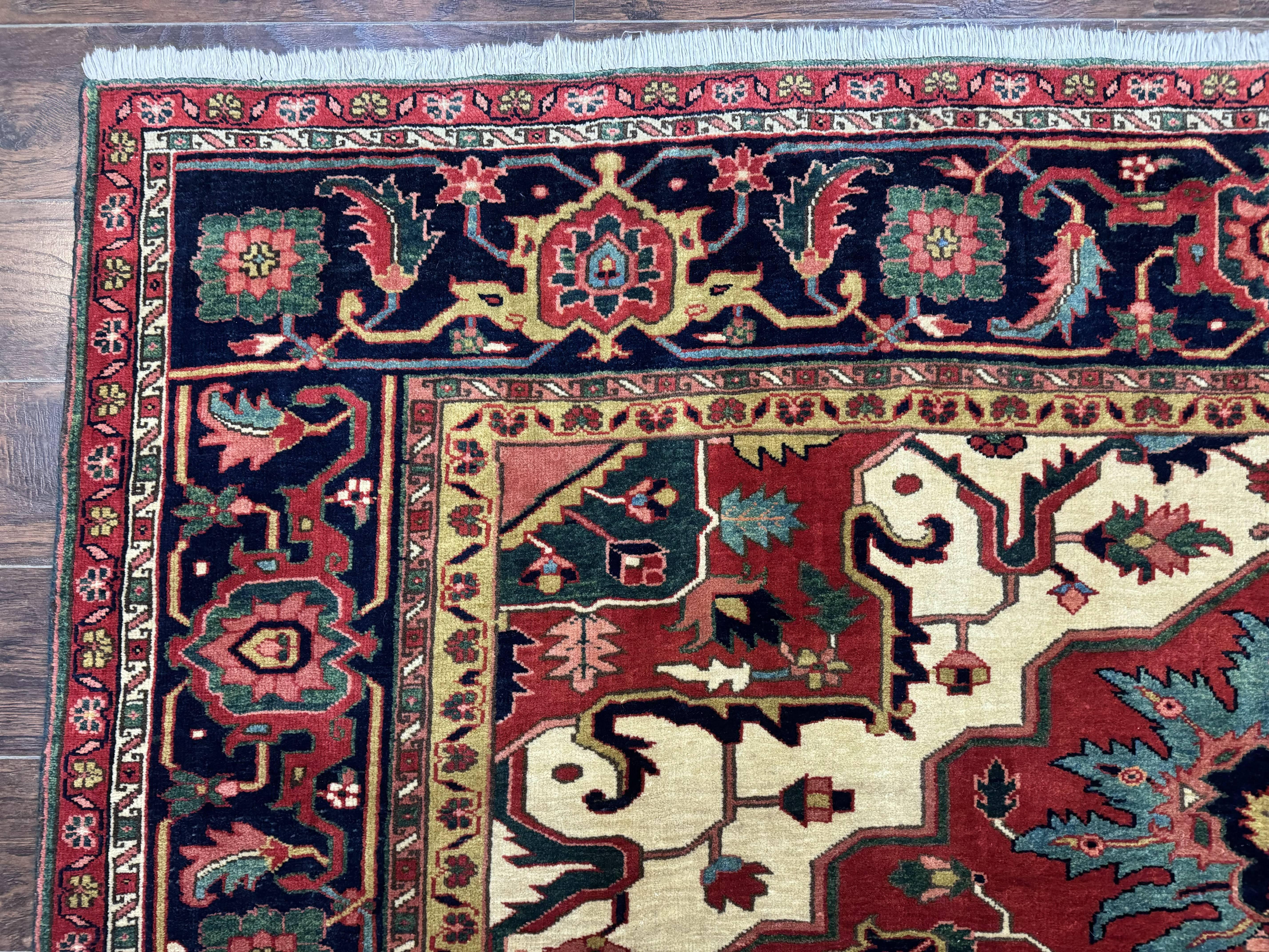 Persian Heriz Serapi Rug 8 x 10.6, Geometric Medallion, Great Colors, Rare, Red Navy Blue Ivory - Jewel Rugs