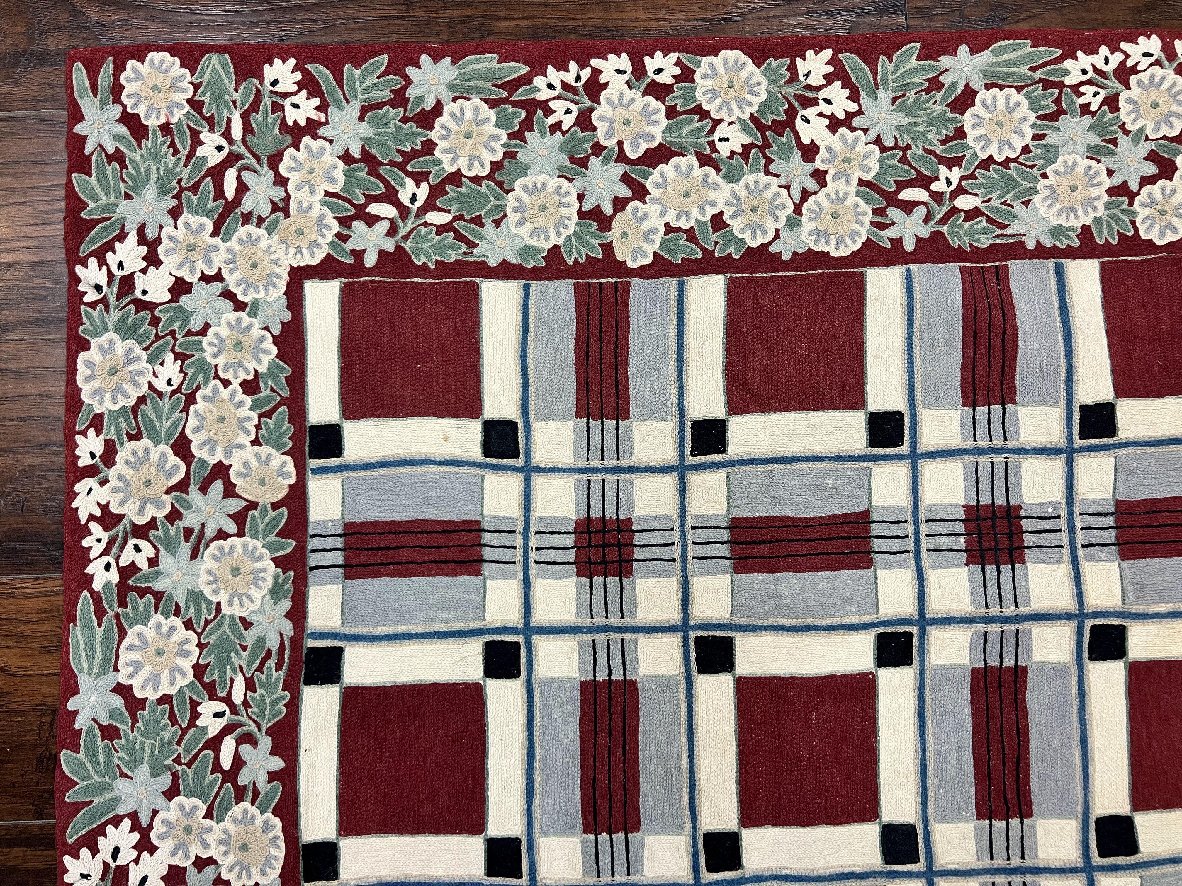 Indian Hand Stitched Rug 4x6, Vintage Carpet, Checkerboard Floral Pattern, Maroon Ivory, Flatweave, Wool - Jewel Rugs