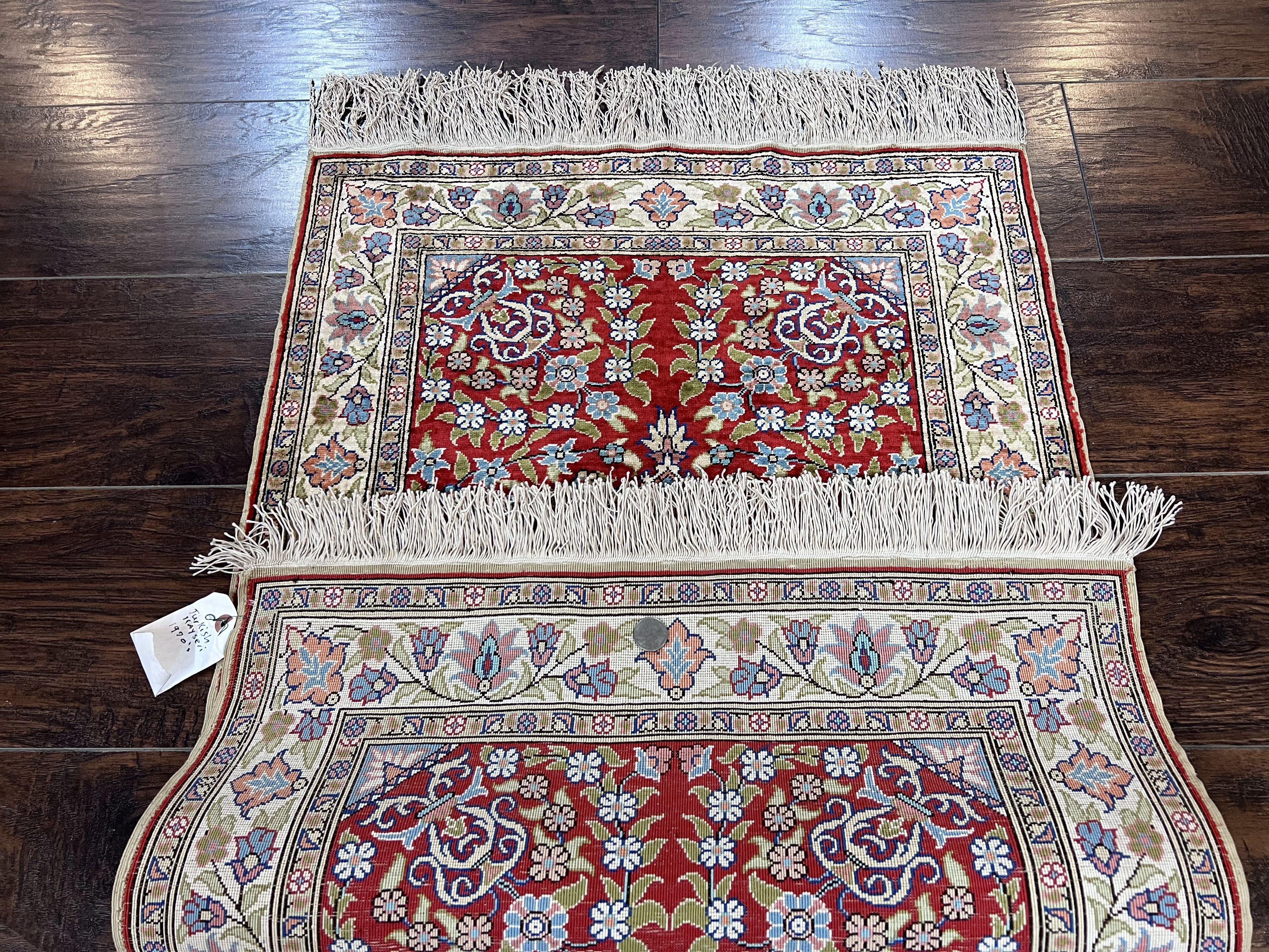Silk Turkish Kayseri Rug 2x3, Small All Silk Turkish Carpet, Red and Light Blue, Very Fine Hand Knotted Semi Antique Vintage Handmade Rug - Jewel Rugs