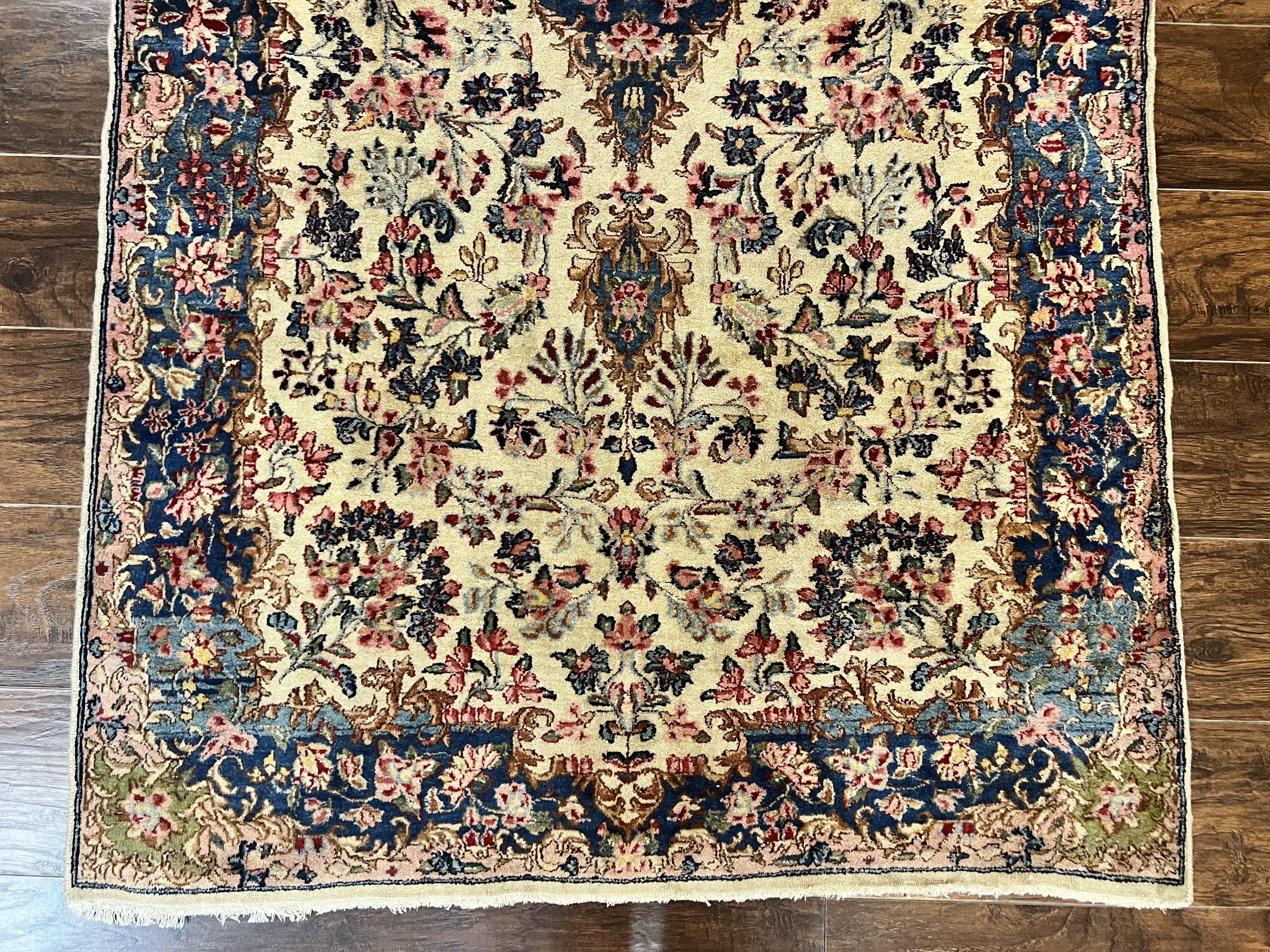 Antique Persian Kirman Rug 4x7, Cream and Navy Blue, Hand Knotted Wool Floral Carpet - Jewel Rugs