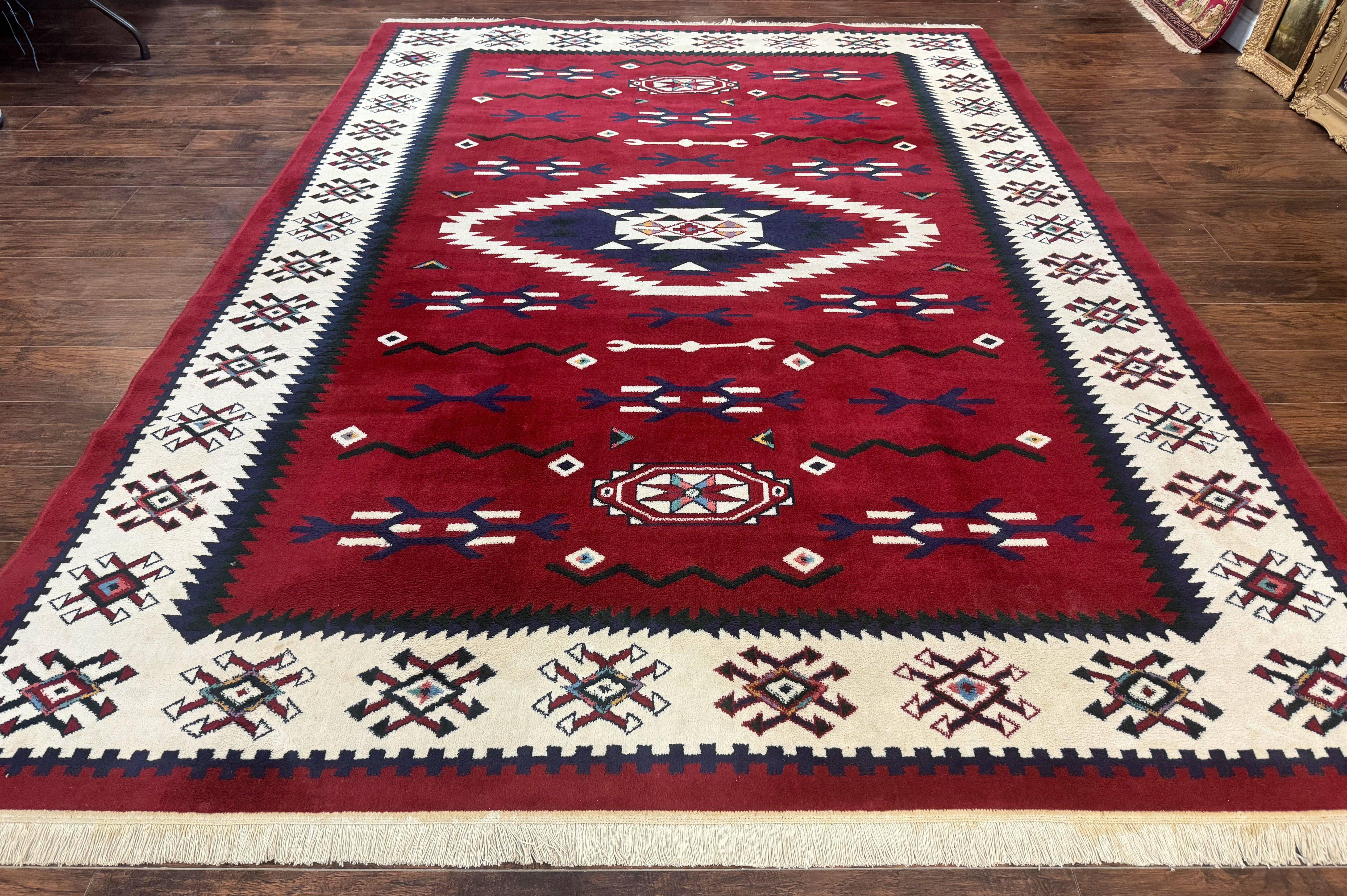 Belgium Power Loomed Rug 8x11, Navajo Native American Design, Dark Red and Ivory, Tribal Rug, Bohemian Carpet - Jewel Rugs