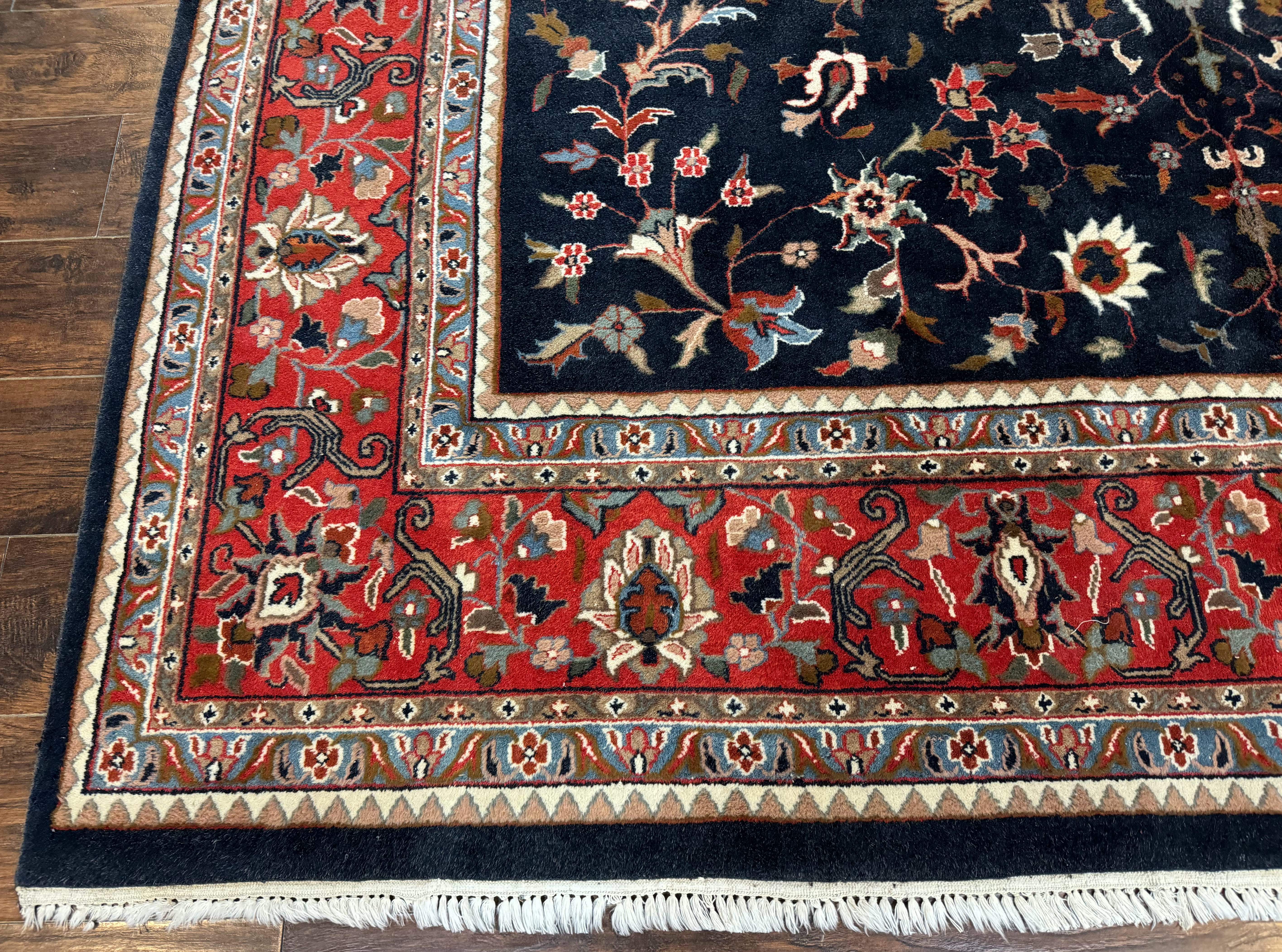 Indo Persian Sarouk Rug 9x12 – Navy and Red, Hand-Knotted Wool Vintage Carpet, Allover Pattern - Jewel Rugs