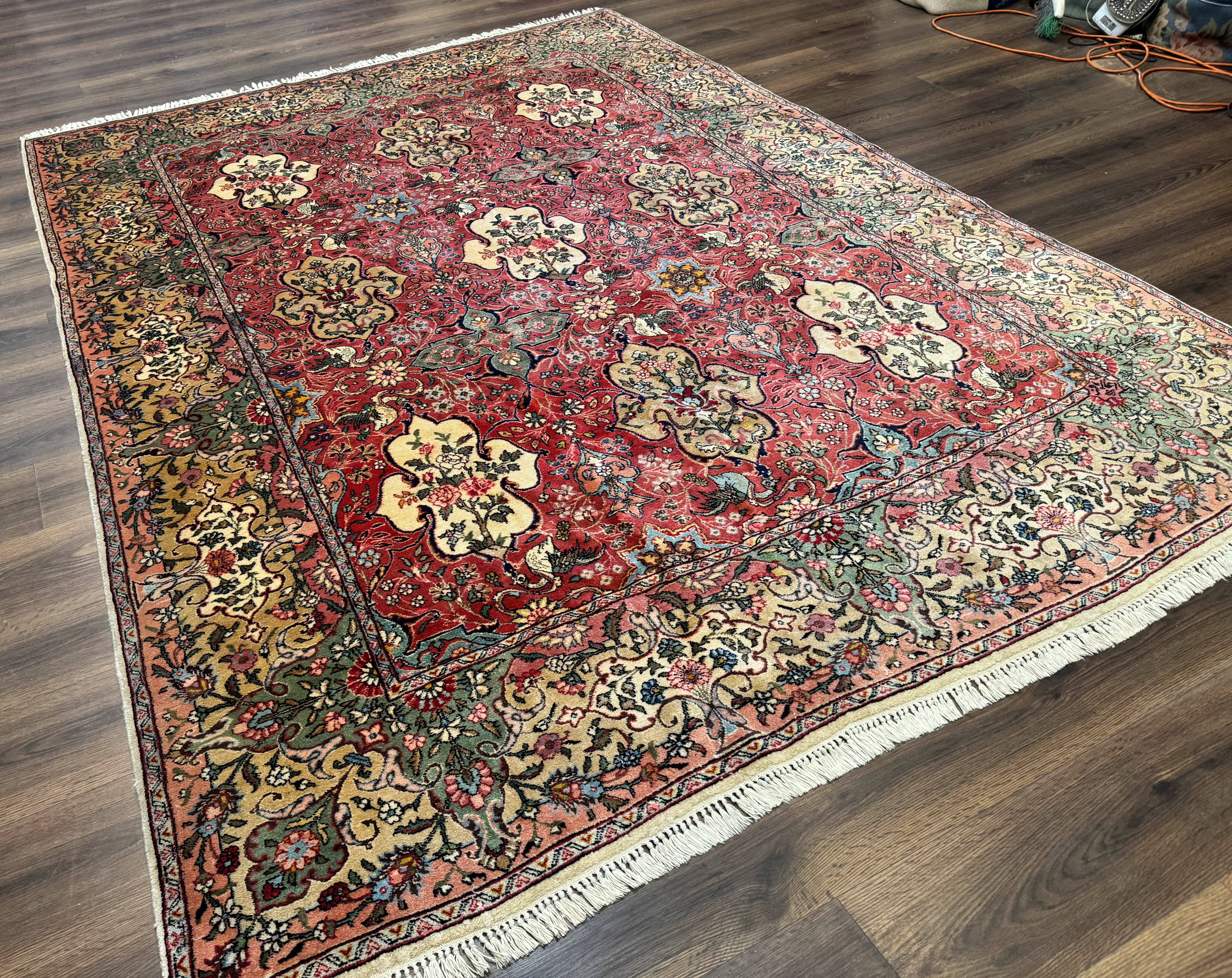 Antique Tabriz Persian Rug 7x10, Red Cream Tan, Unique Design, Fine 270 KPSI, Birds, Floral - Jewel Rugs