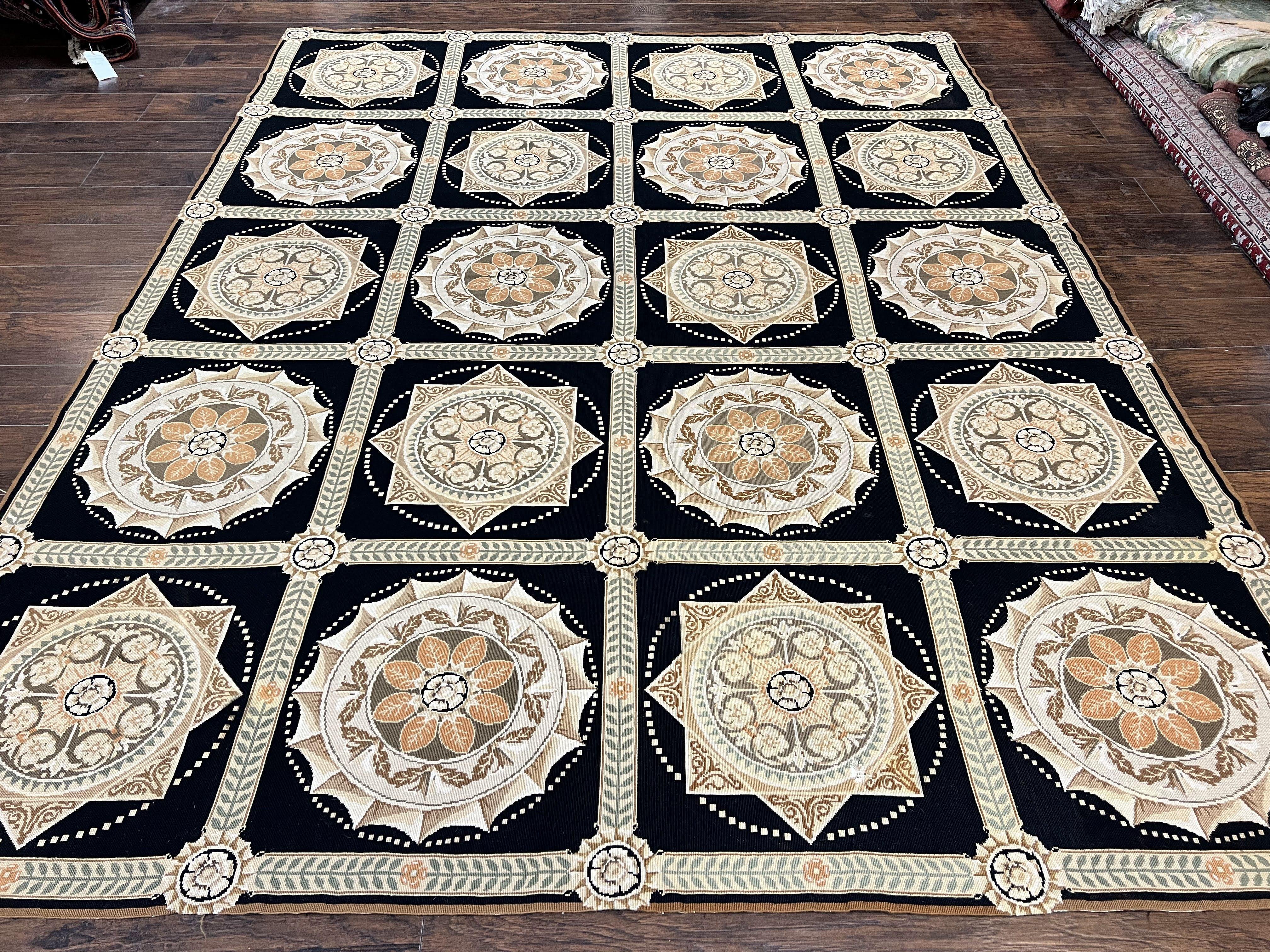 Needlepoint Rug 8x10, Black Tan Beige, Panel Design, Wool Handwoven Handmade Flatweave Needlepoint Carpet, Vintage French European Rug - Jewel Rugs