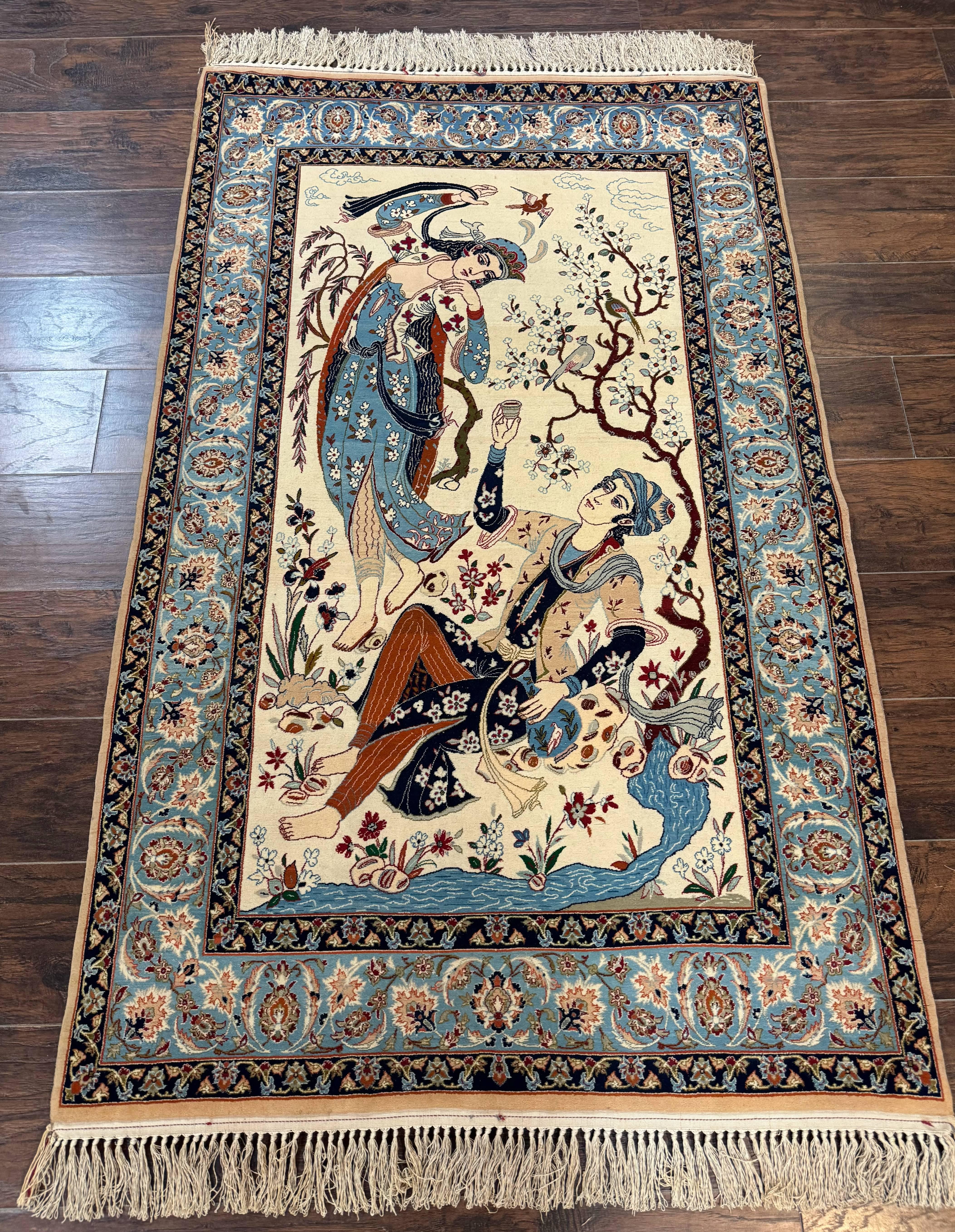 Persian Isfahan Pictorial Rug, Two Lovers, Kork Wool on Silk Foundation, Ivory and Light Blue, 500 KPSI Super Fine - Jewel Rugs
