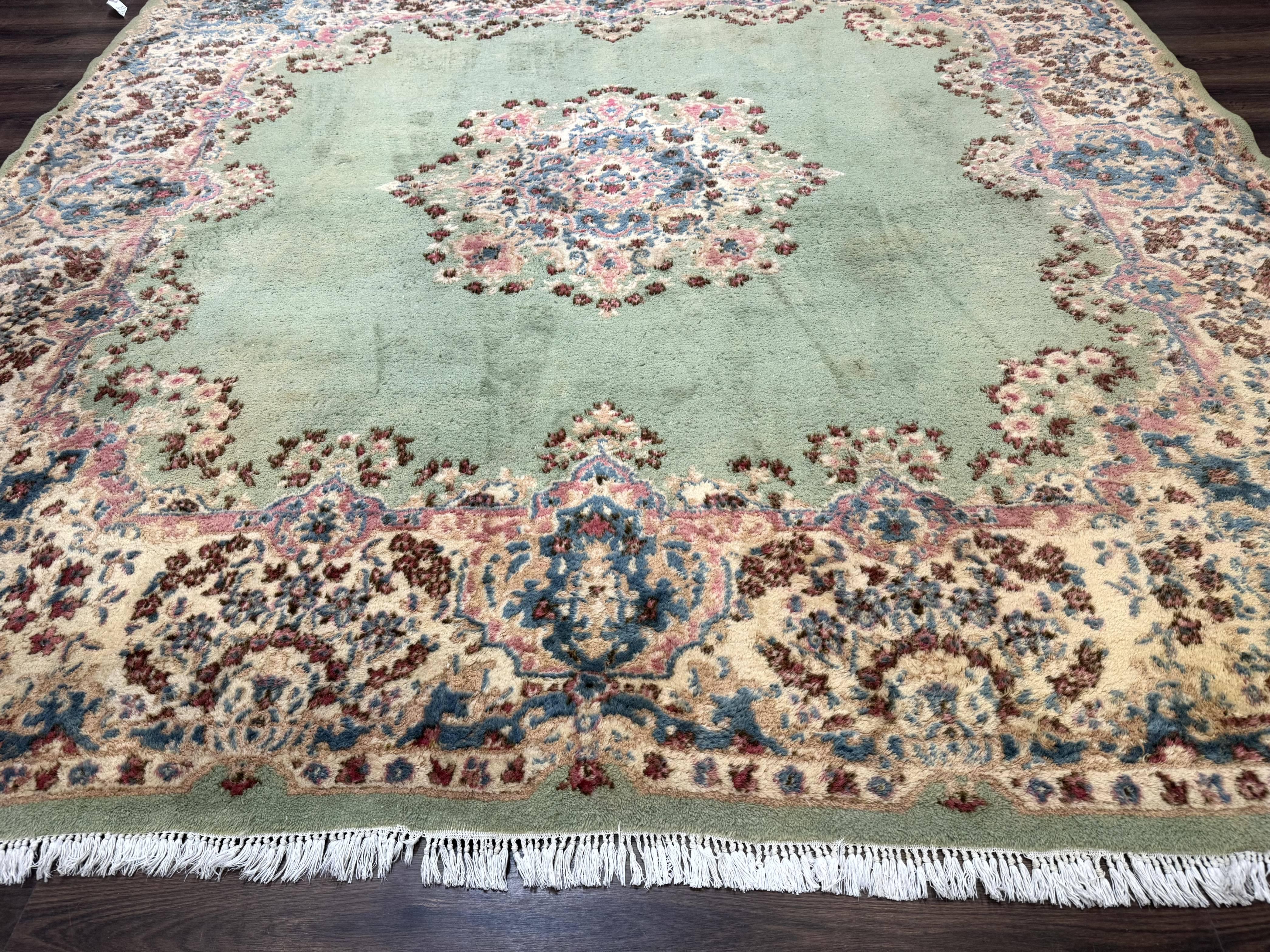 Green Persian Rug 10x10, Large Square Persian Carpet, Wool Rug, Open Field, Green and Beige Rug, Kerman Rug - Jewel Rugs