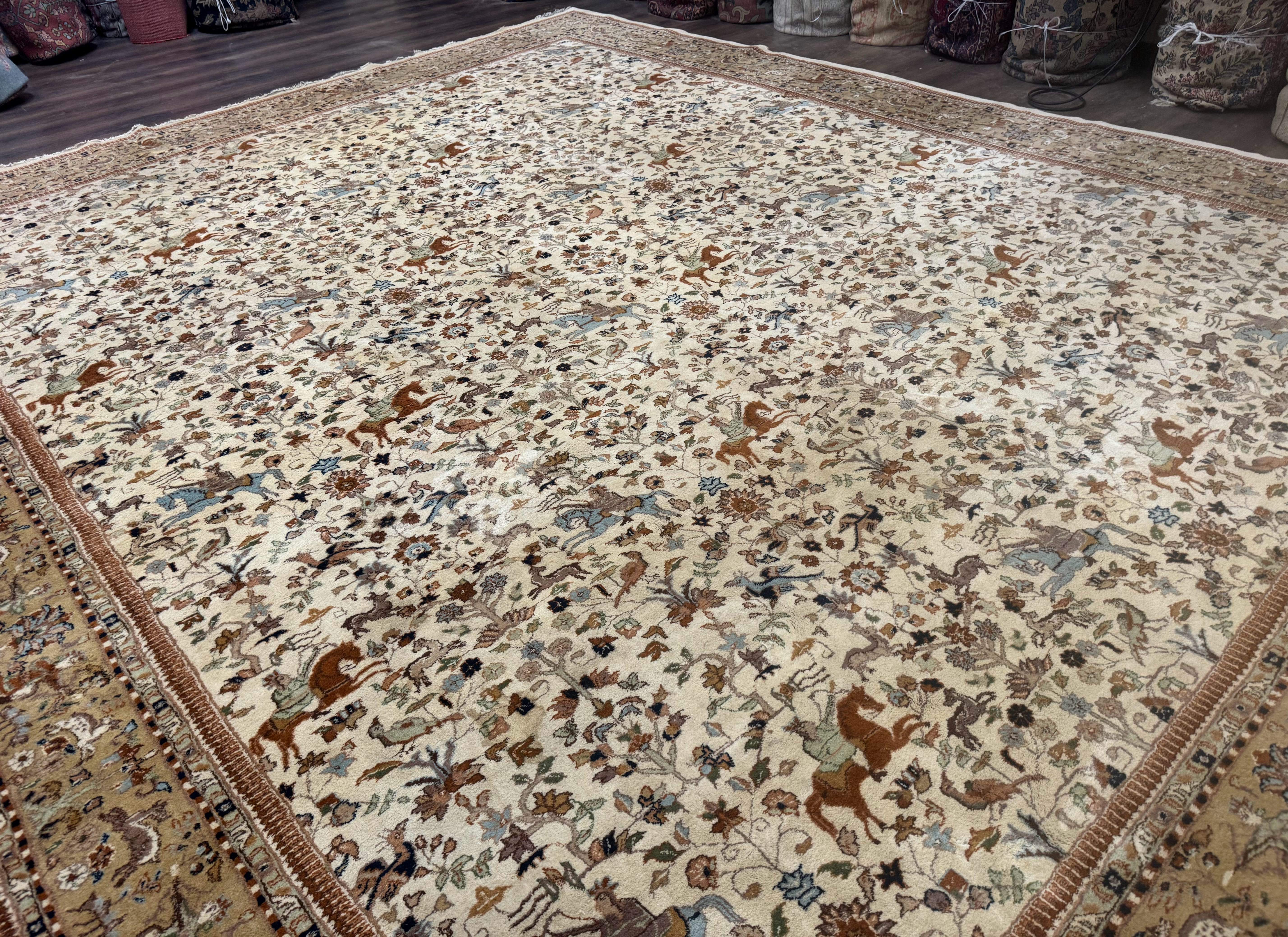 Palace Size Persian Tabriz Rug 12x15 – Beige and Tan, Hunting Design, Wool, Animal Pictorials - Jewel Rugs