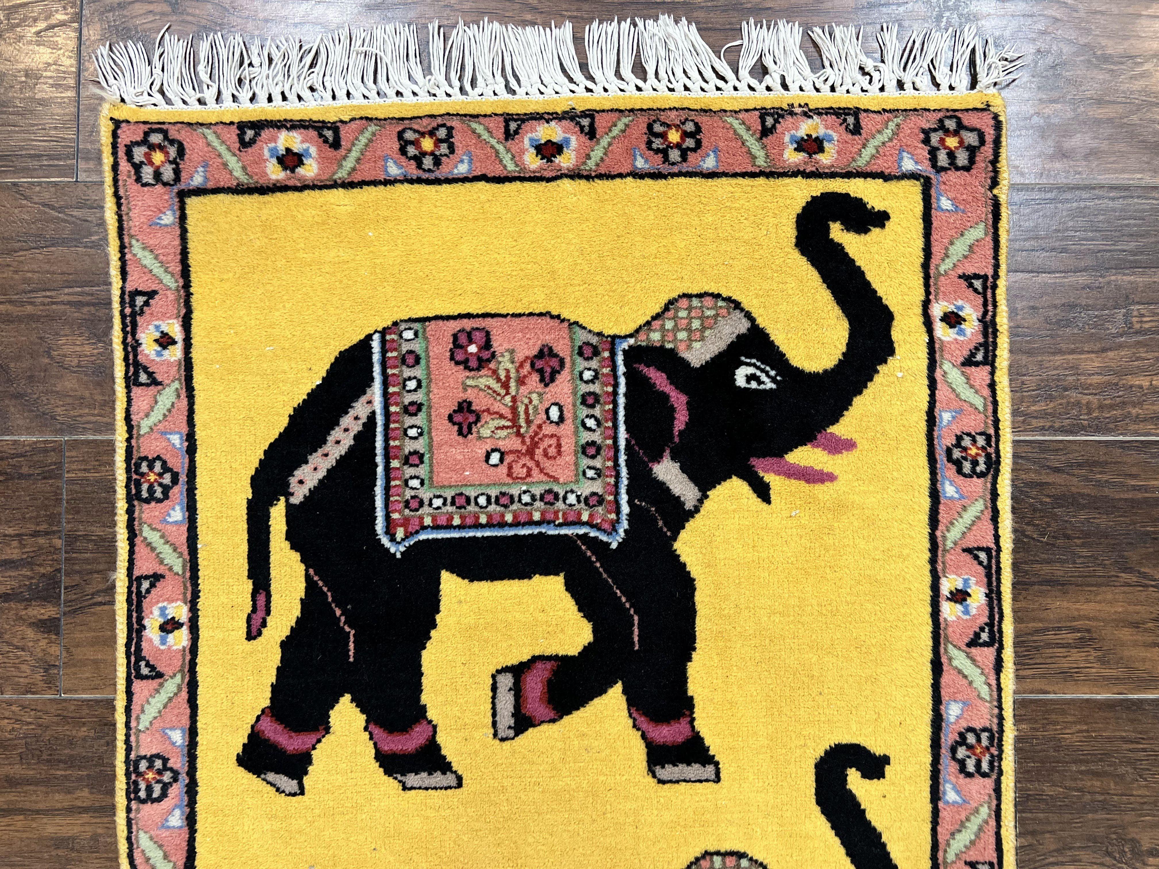 Unique Indian Pictorial Rug 2x3, Small Wool Hand Knotted Oriental Carpet, Yellow, Two Elephants, Handmade - Jewel Rugs