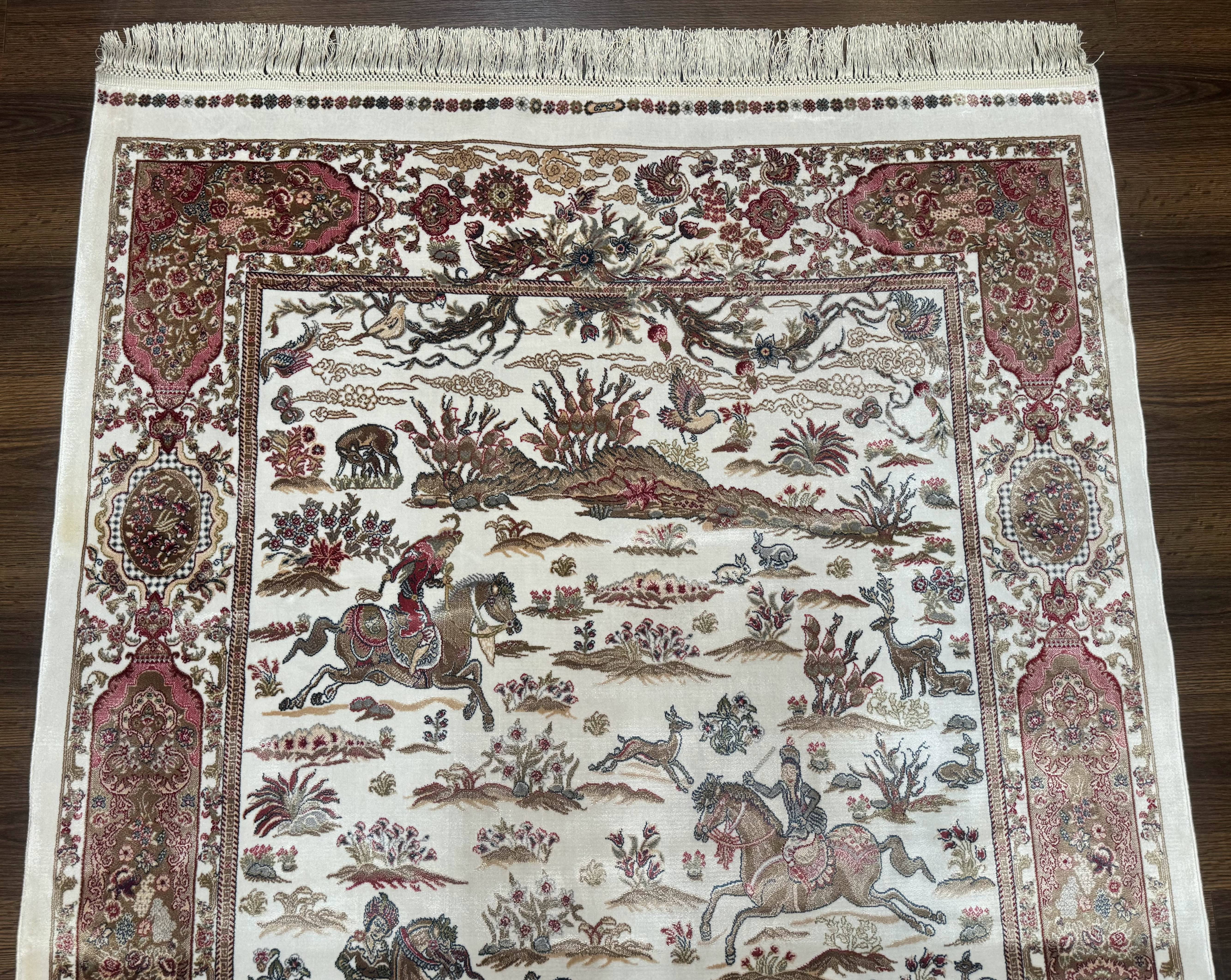 Turkish Silk Hunting Scene Rug 4x6, Ivory, Bamboo Silk, New - Jewel Rugs