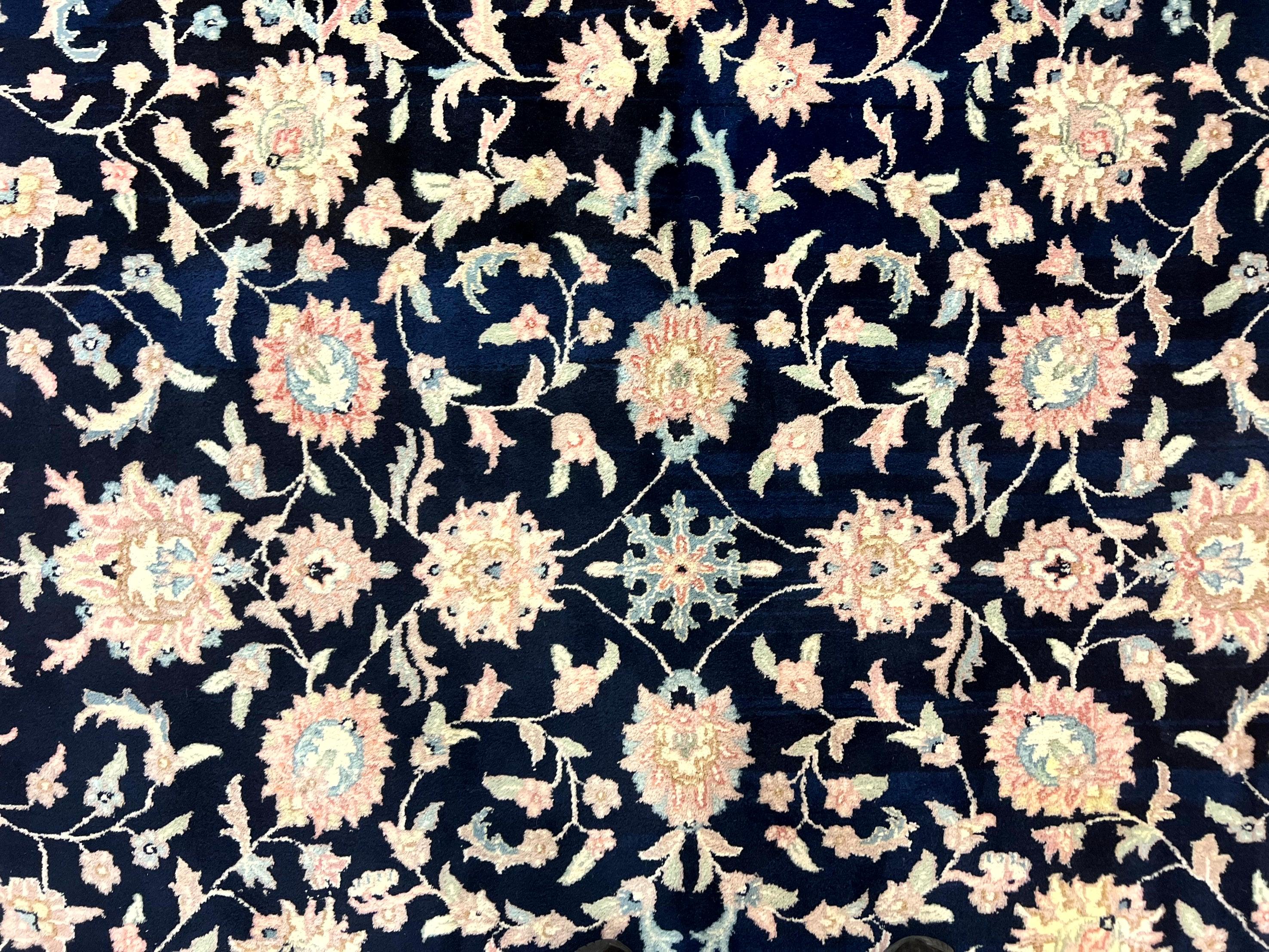 Indo Persian Rug 9x12, Navy Blue and Ivory/Cream, Floral Allover, Wool Vintage Handmade Carpet - Jewel Rugs