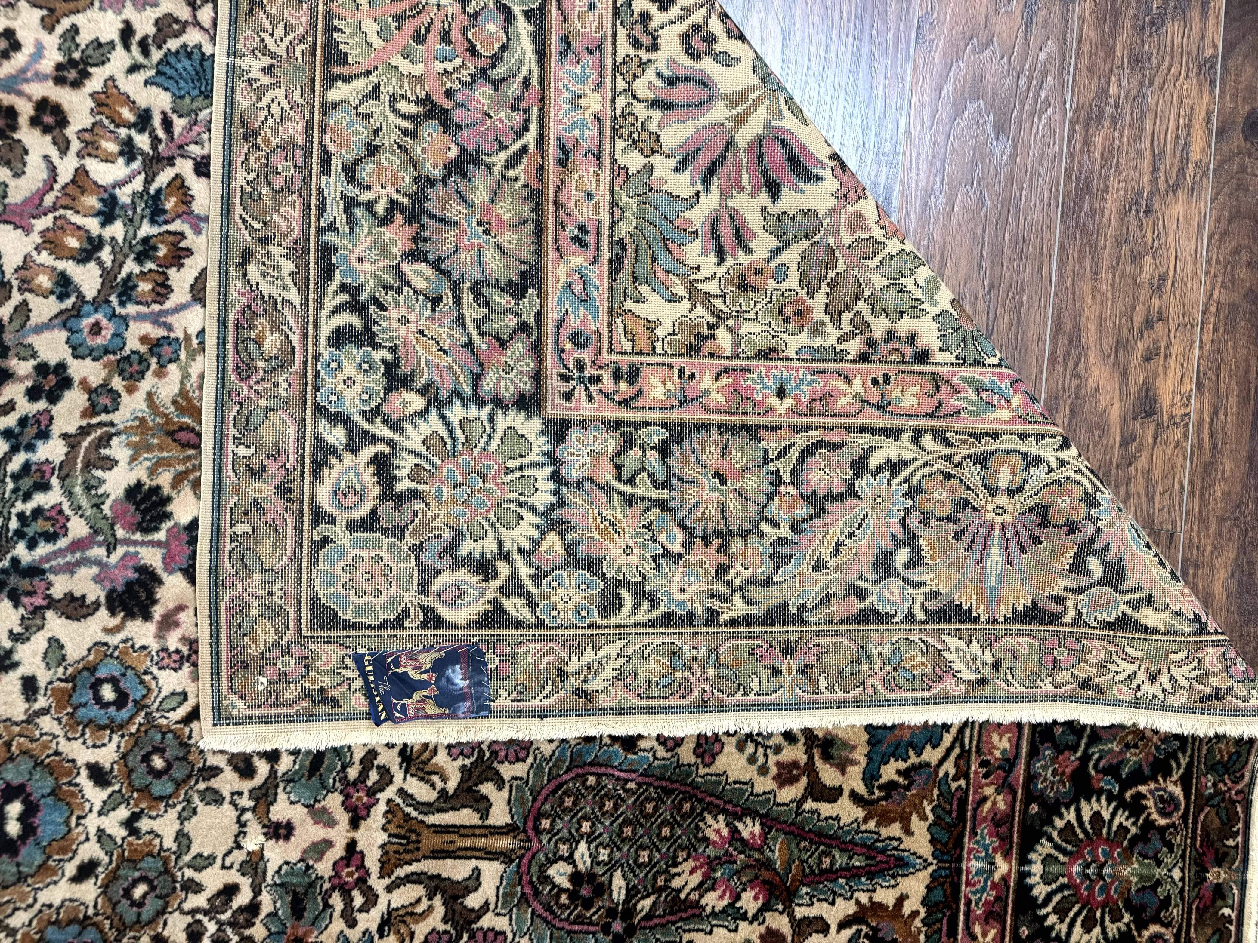 Persian Rug 9x12, Vintage Belgium Power Loomed Rug, Kirman Design, Cream and Navy Blue, Floral Allover Pattern, Wool, Cedar Trees, Gulistan - Jewel Rugs