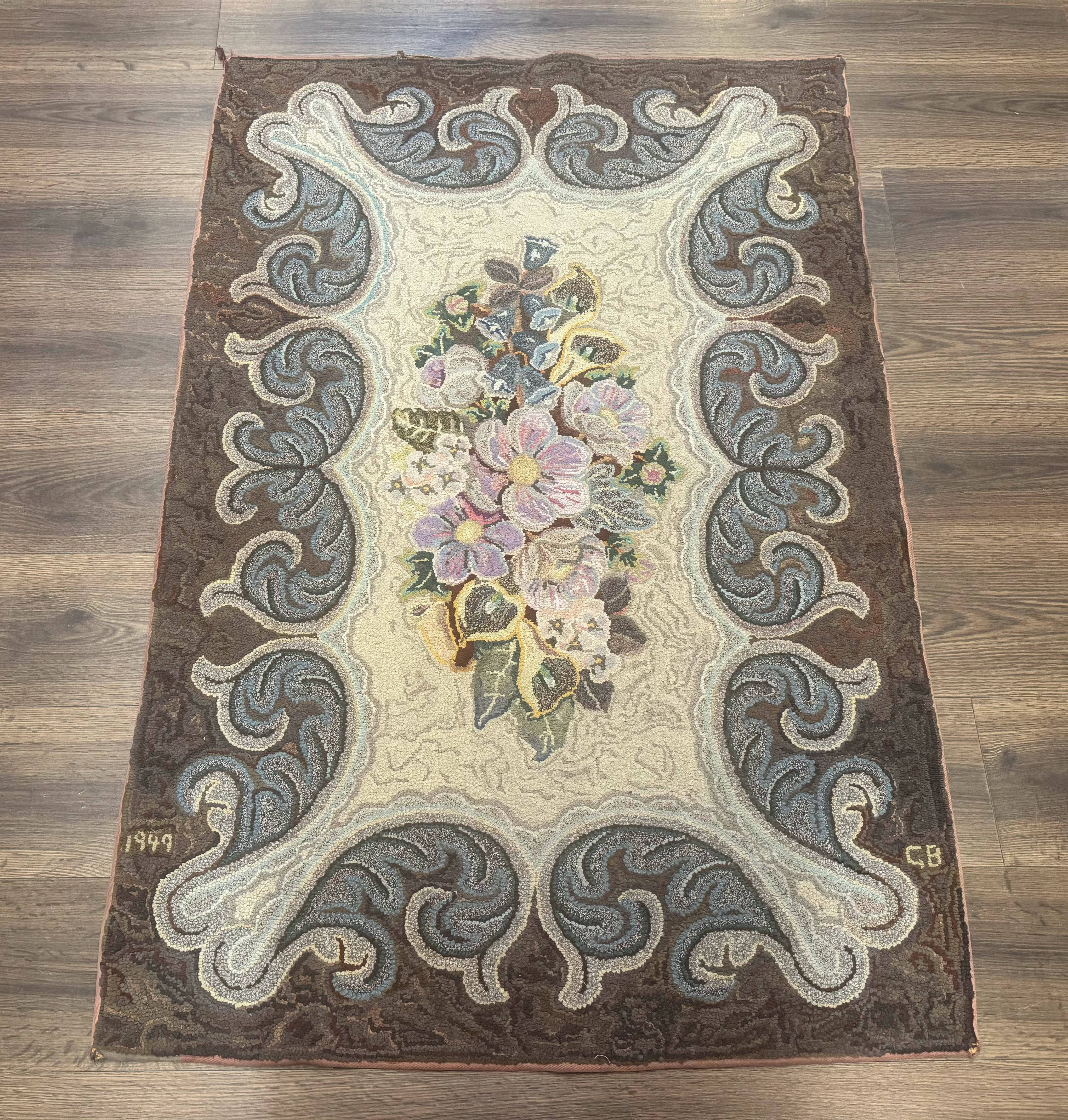 Antique American Hooked Rug 3 x 4.6, Vintage, Floral - Jewel Rugs