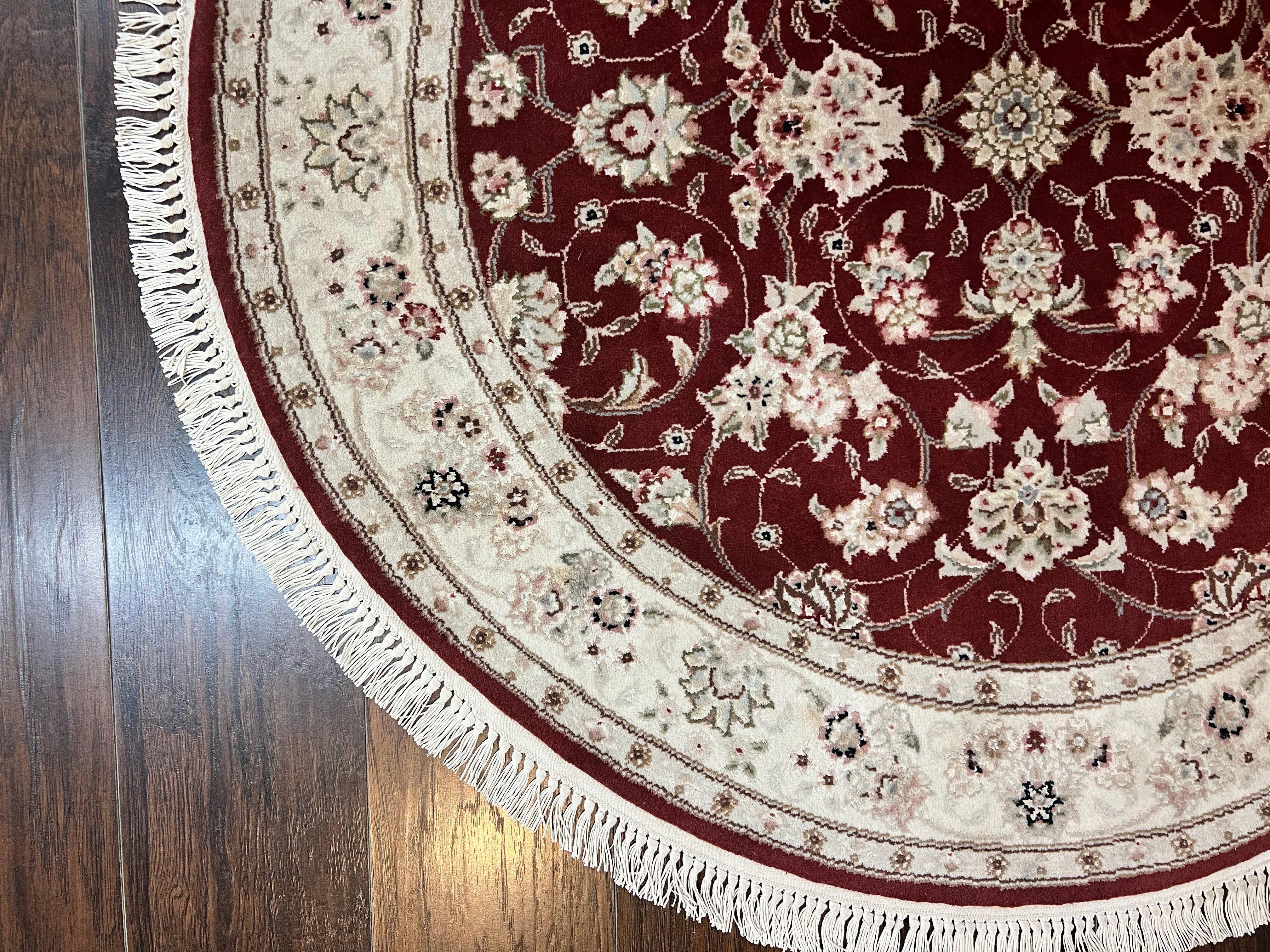Sino Persian Round Rug 4x4, Wool Hand Knotted Oriental Carpet, Maroon & Ivory Vintage Rug, Floral Rug, Traditional Rug 4 x 4, Fine Rug - Jewel Rugs