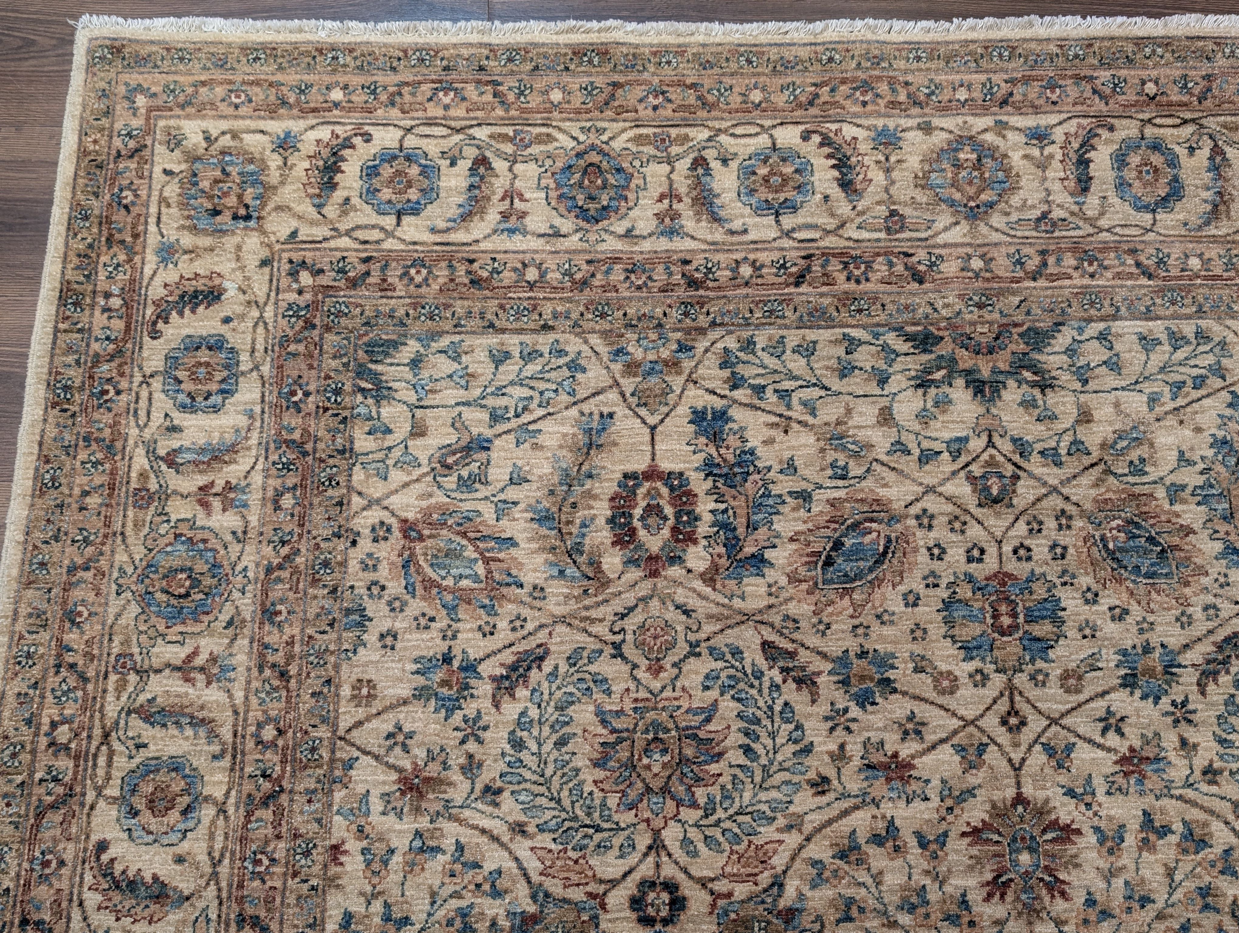Persian Kashan Rug 6x9 – Oat and Blue Hand Knotted Wool Carpet, Light Colors, 200 KPSI - Jewel Rugs