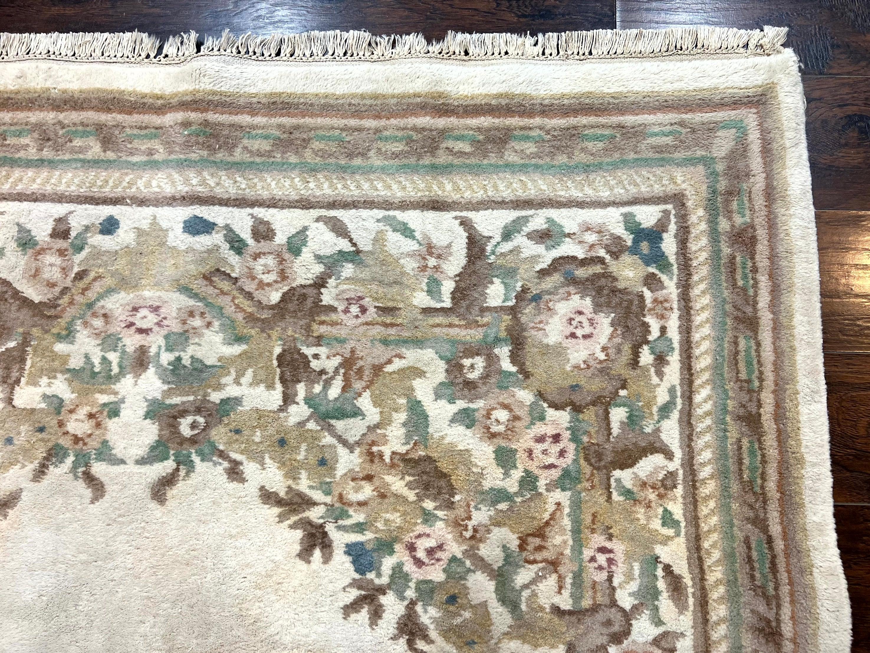 Indo Chinese Aubusson Rug 6x9, Wool Vintage Handmade Rug, Beige - Jewel Rugs