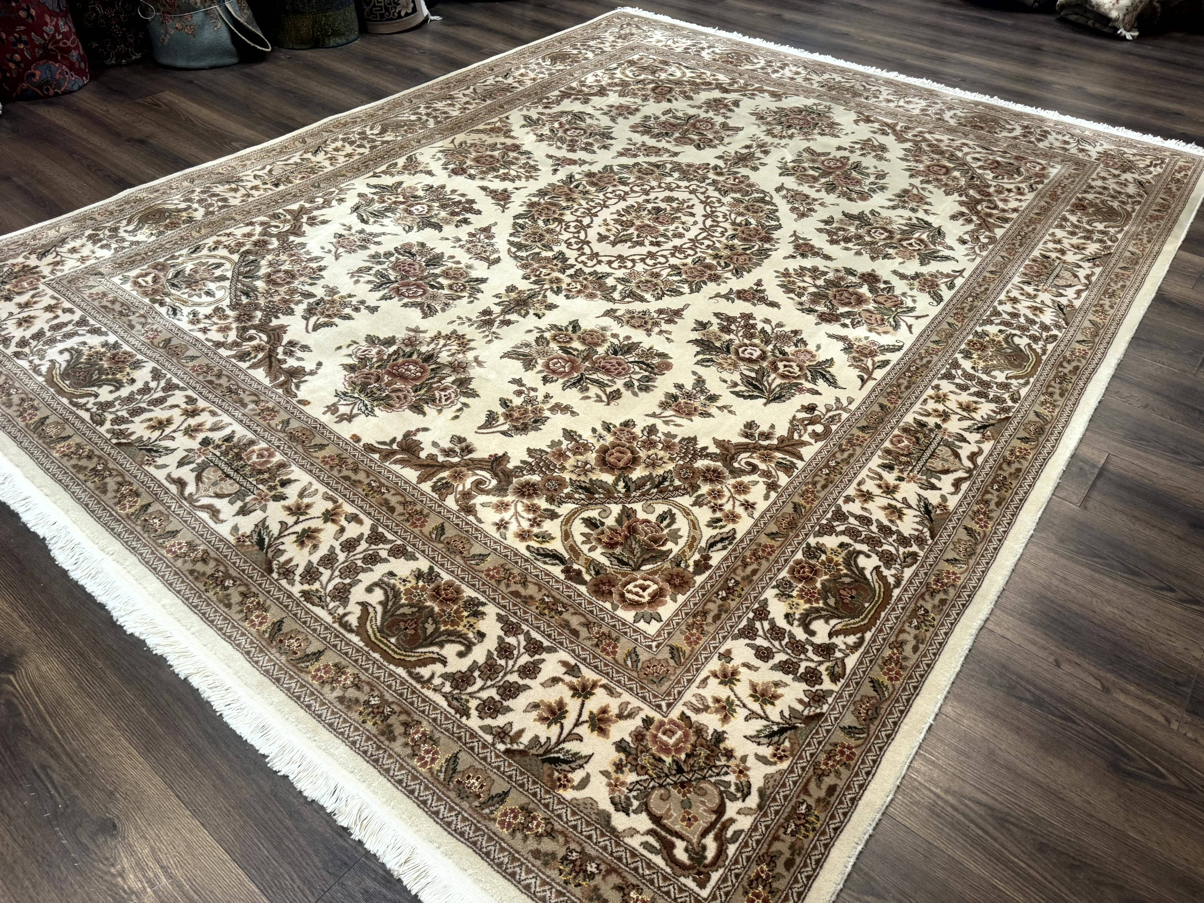 Sino Persian Rug 8x10, Floral, Elegant, Fine 225 KPSI, Beige, Wool & Silk - Jewel Rugs