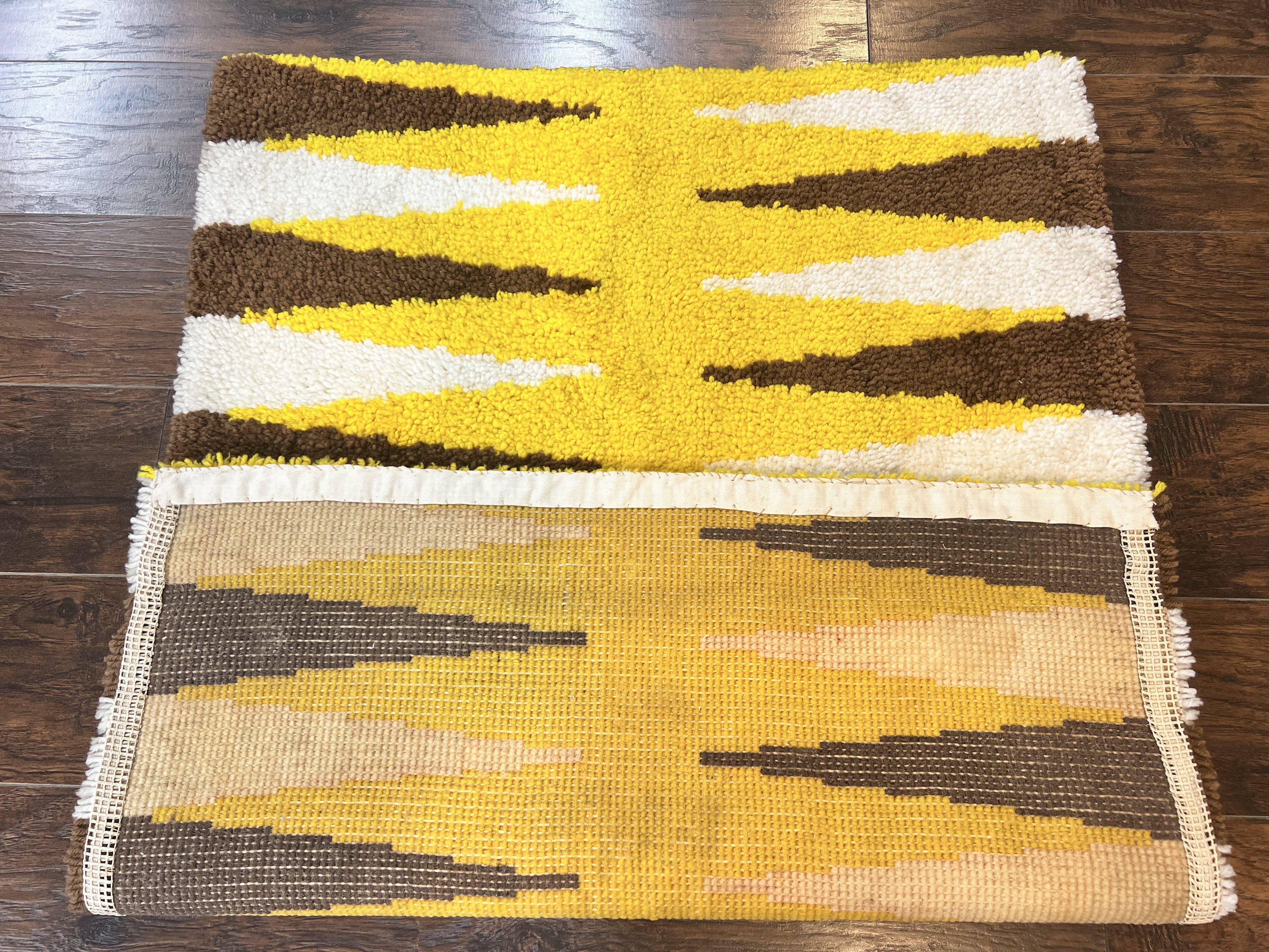 Danish Rya Rug 3x4, Vintage Mid Century Retro Rya Shag Rug, Stripes, Yellow Ivory Brown - Jewel Rugs