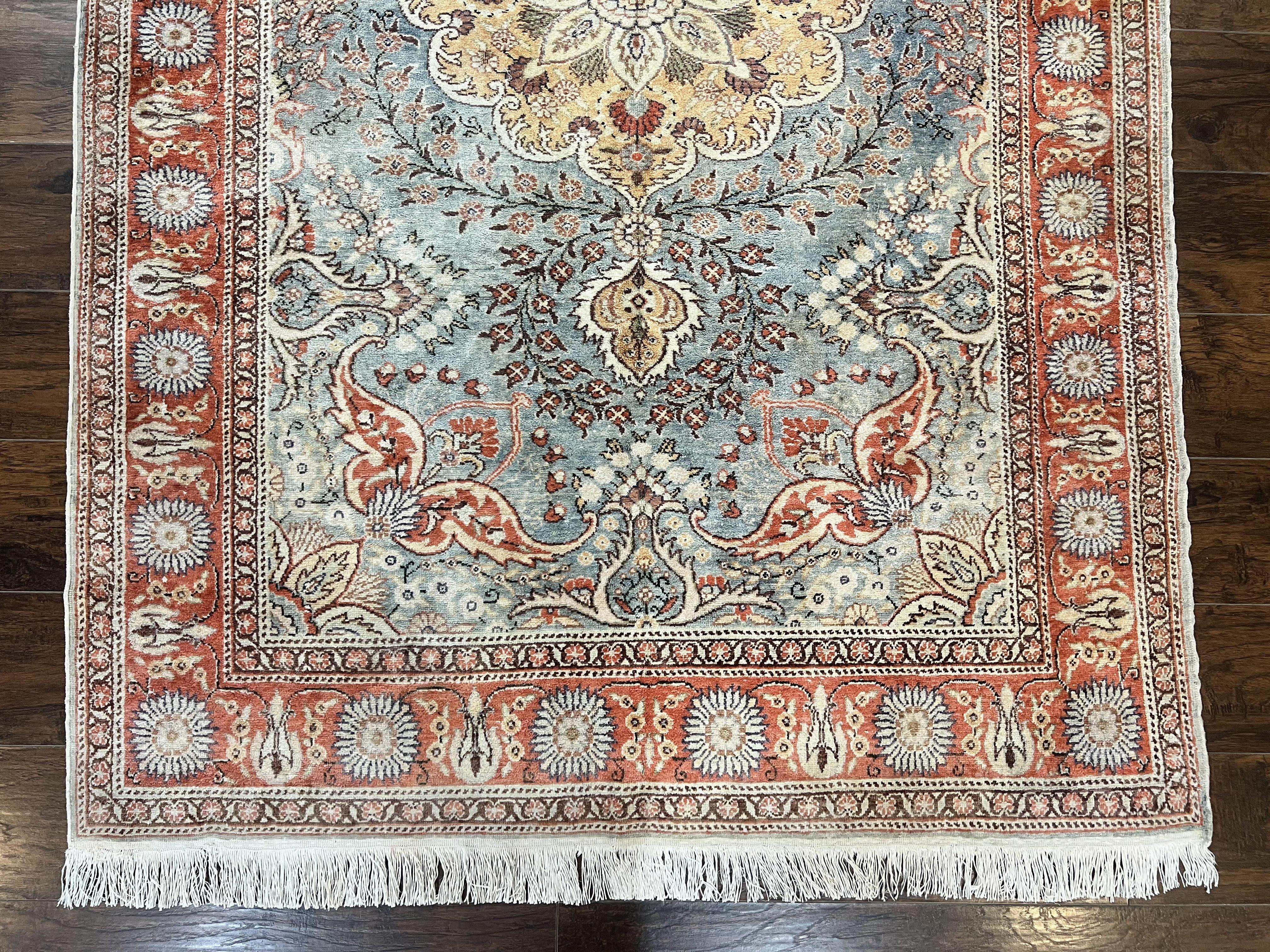 Silk Turkish Rug 5x7, Light Blue Silk Carpet, Floral Medallion, Turkish Kayseri Rug, Vintage Handmade Oriental Rug - Jewel Rugs