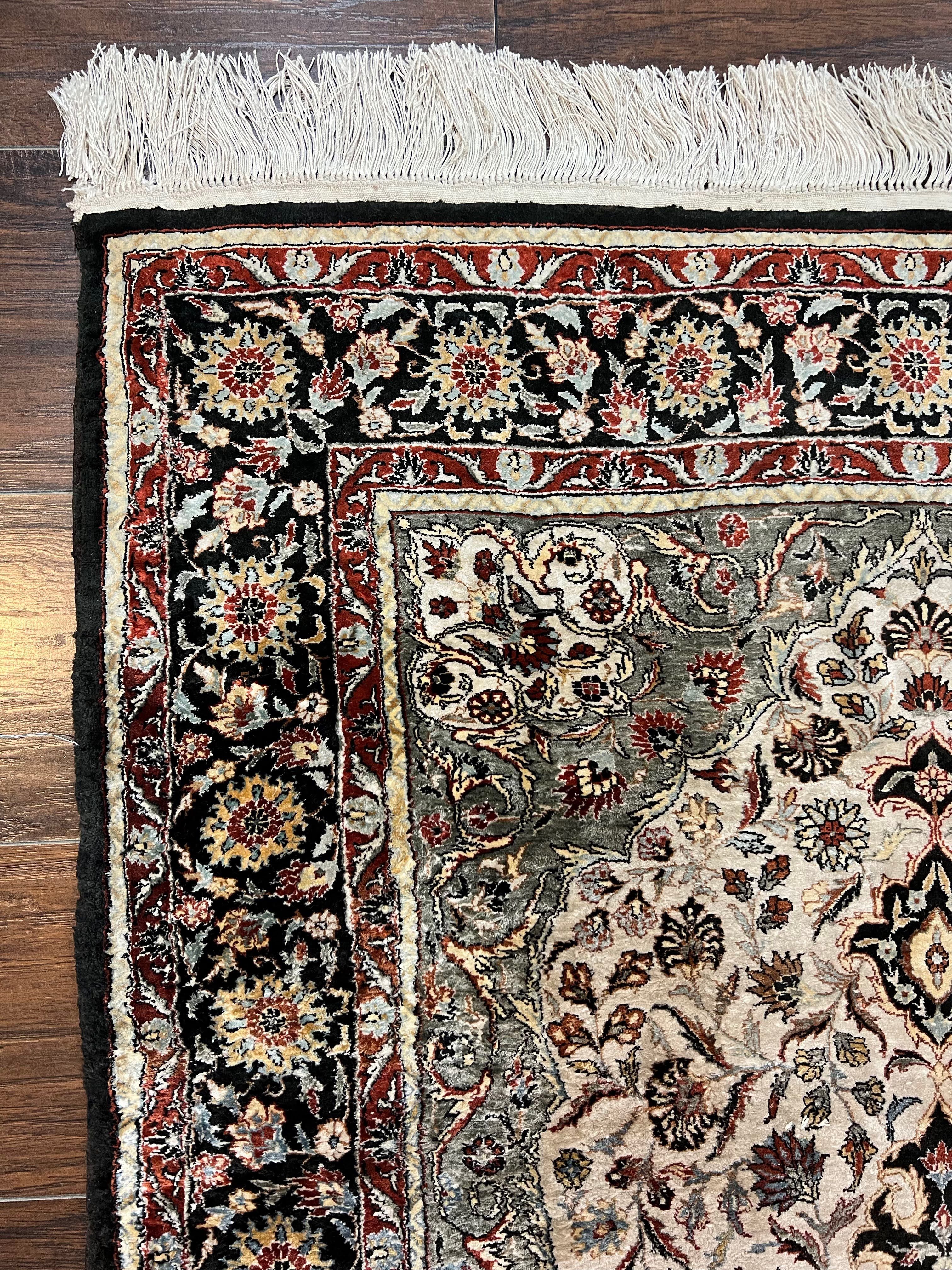 Silk Sino Persian Rug 3x5, Floral Medallion, Hand Knotted Silk Pile Silk Foundation, Traditional Silk Handmade Oriental Carpet, Cream Black - Jewel Rugs