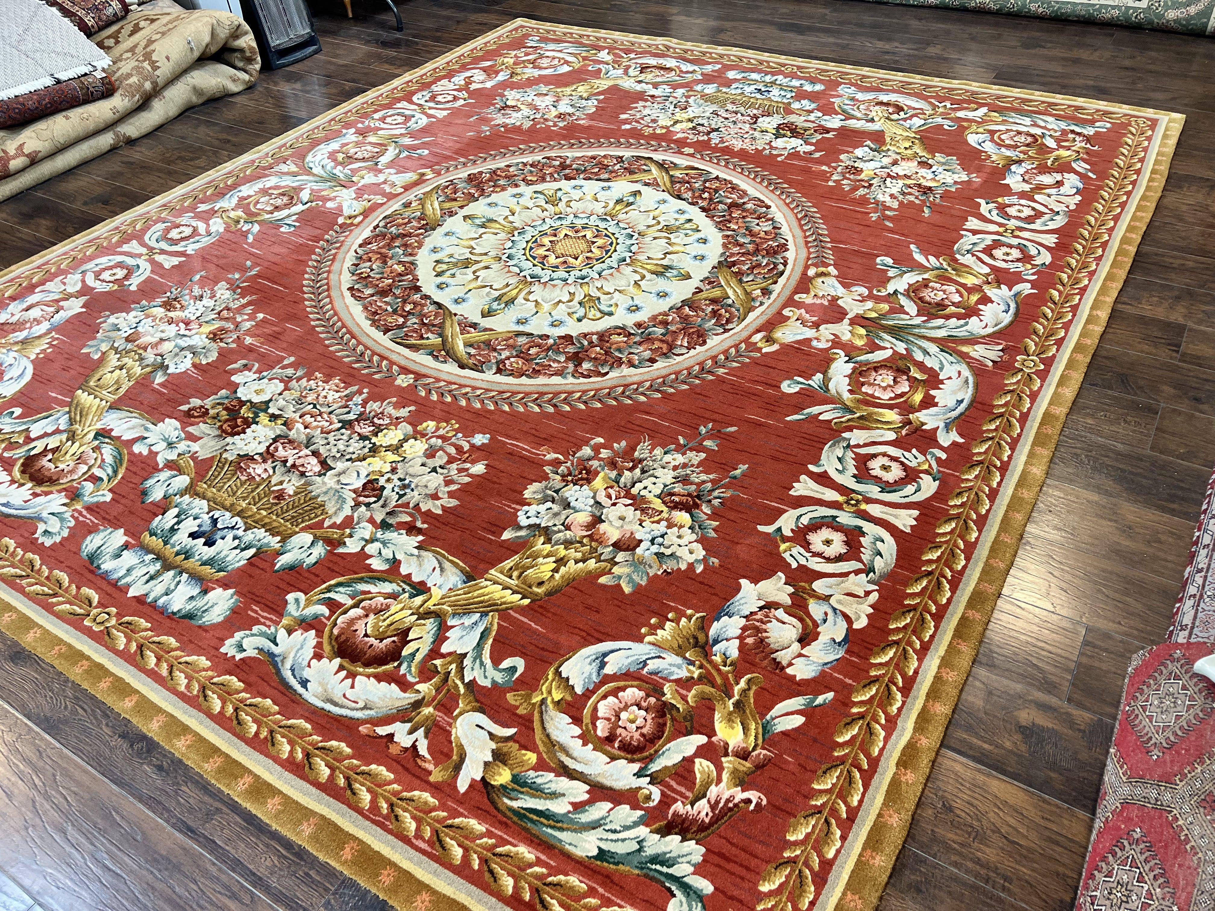 Aubusson Rug 10x12, Large Handmade Aubusson Wool Pile Vintage Stark Carpet 10 x 12, Savonnerie French European Design Floral Bouquets, Red - Jewel Rugs