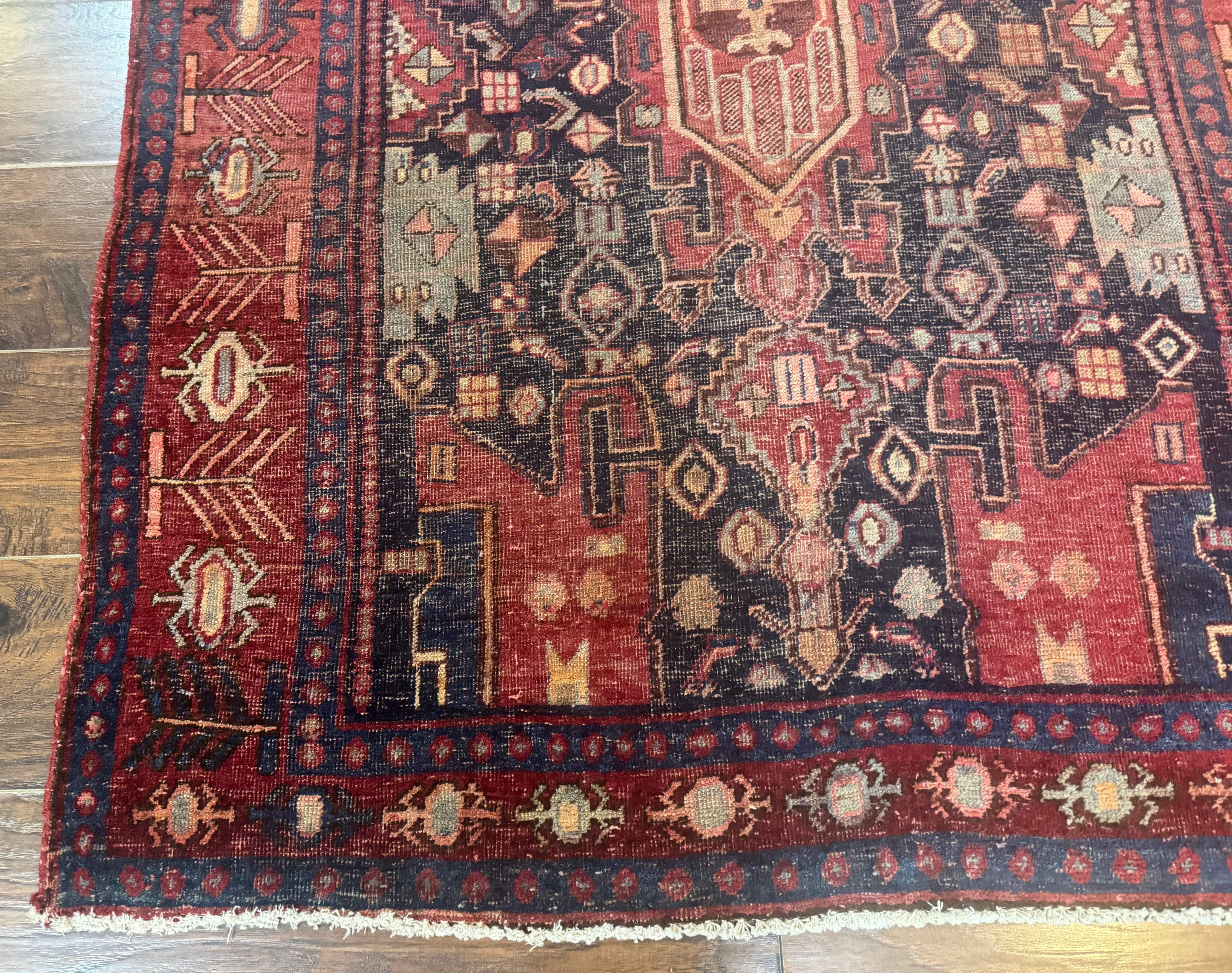 Persian Kurdish Bidjar Runner Rug 4x10 – Navy and Red, Wool Antique Tribal Carpet - Jewel Rugs