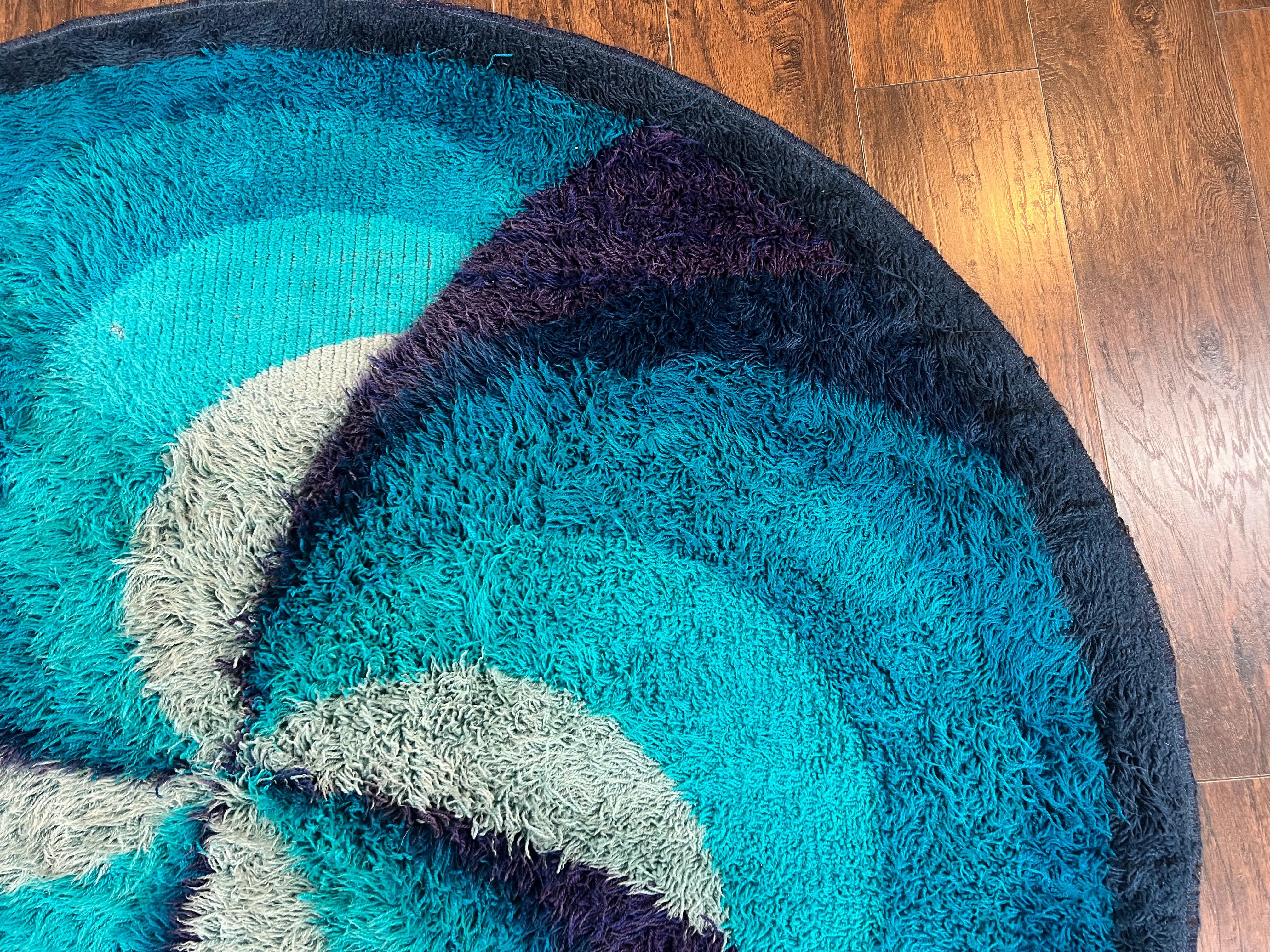 Round Rya Shag Rug 6x6 ft, Round Danish Rug, Shades of Blue, Mid Century 1960s Vintage Retro Area Rug 6ft Round - Jewel Rugs