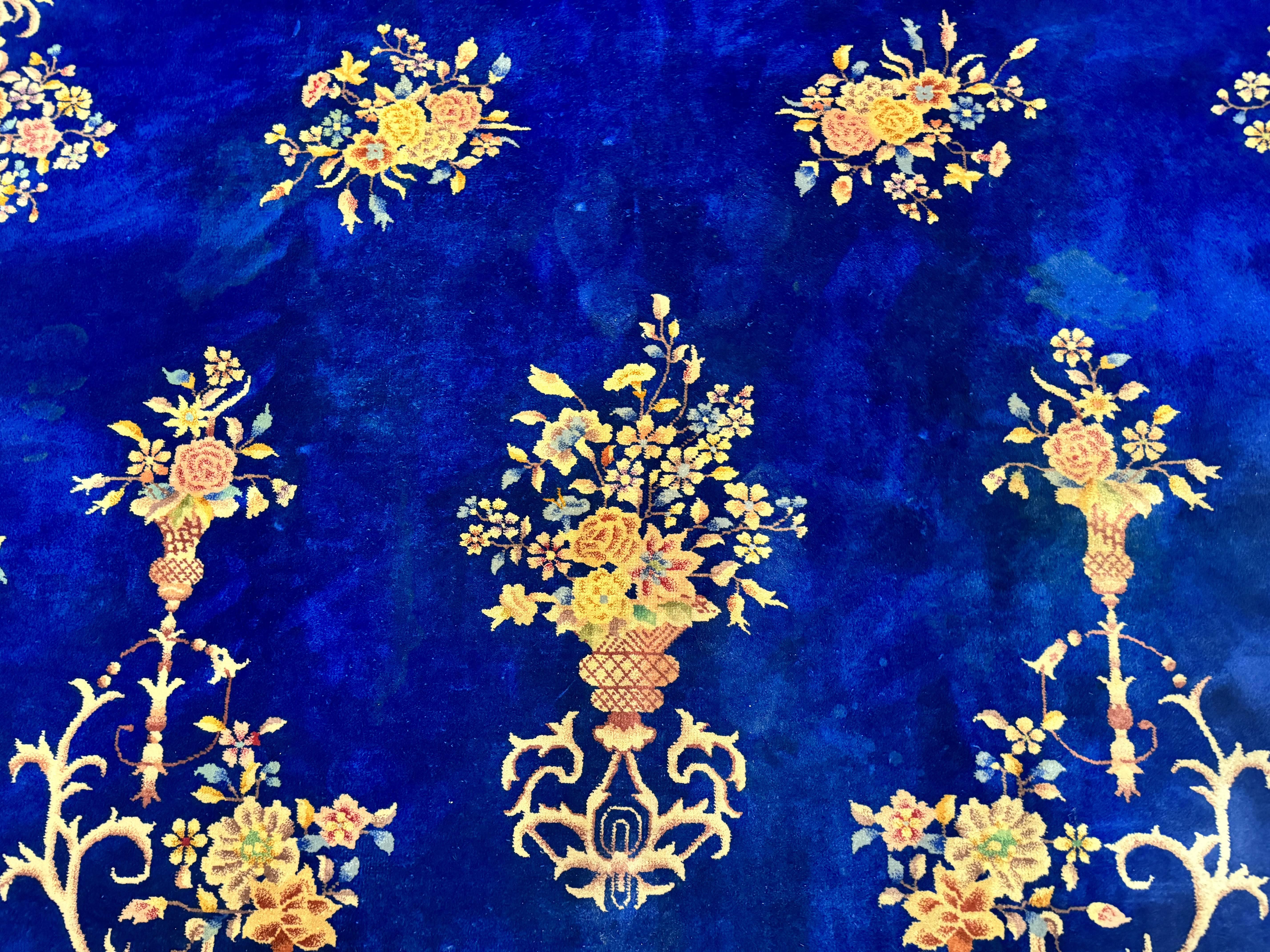 Blue Chinese Art Deco Rug 9x12, Vintage Antique Chinese Wool Rug, Chinese Fette Rug - Jewel Rugs