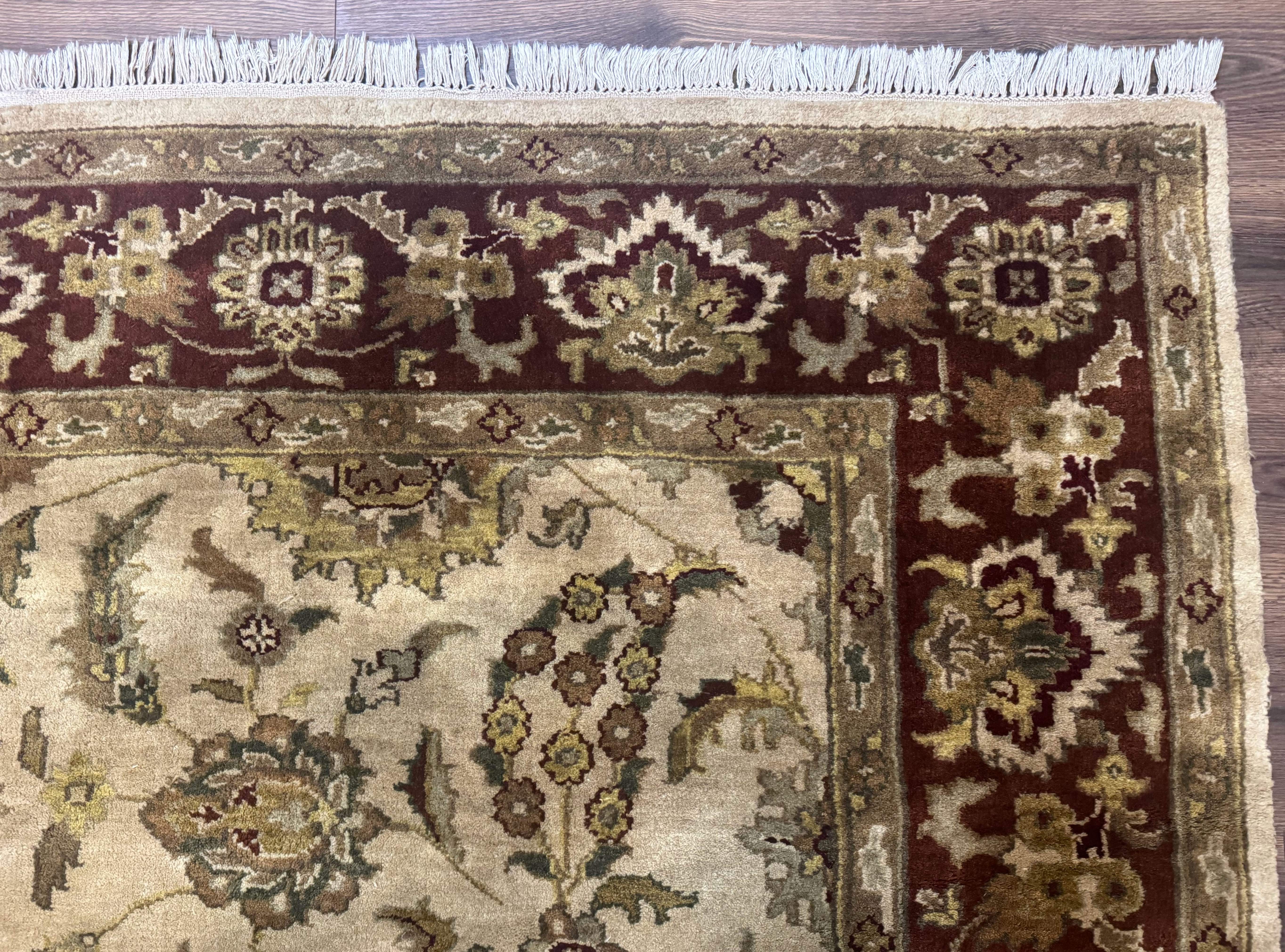 Indo Persian Mahal Rug 8x10 – Beige and Maroon, Hand-Knotted Wool Carpet - Jewel Rugs