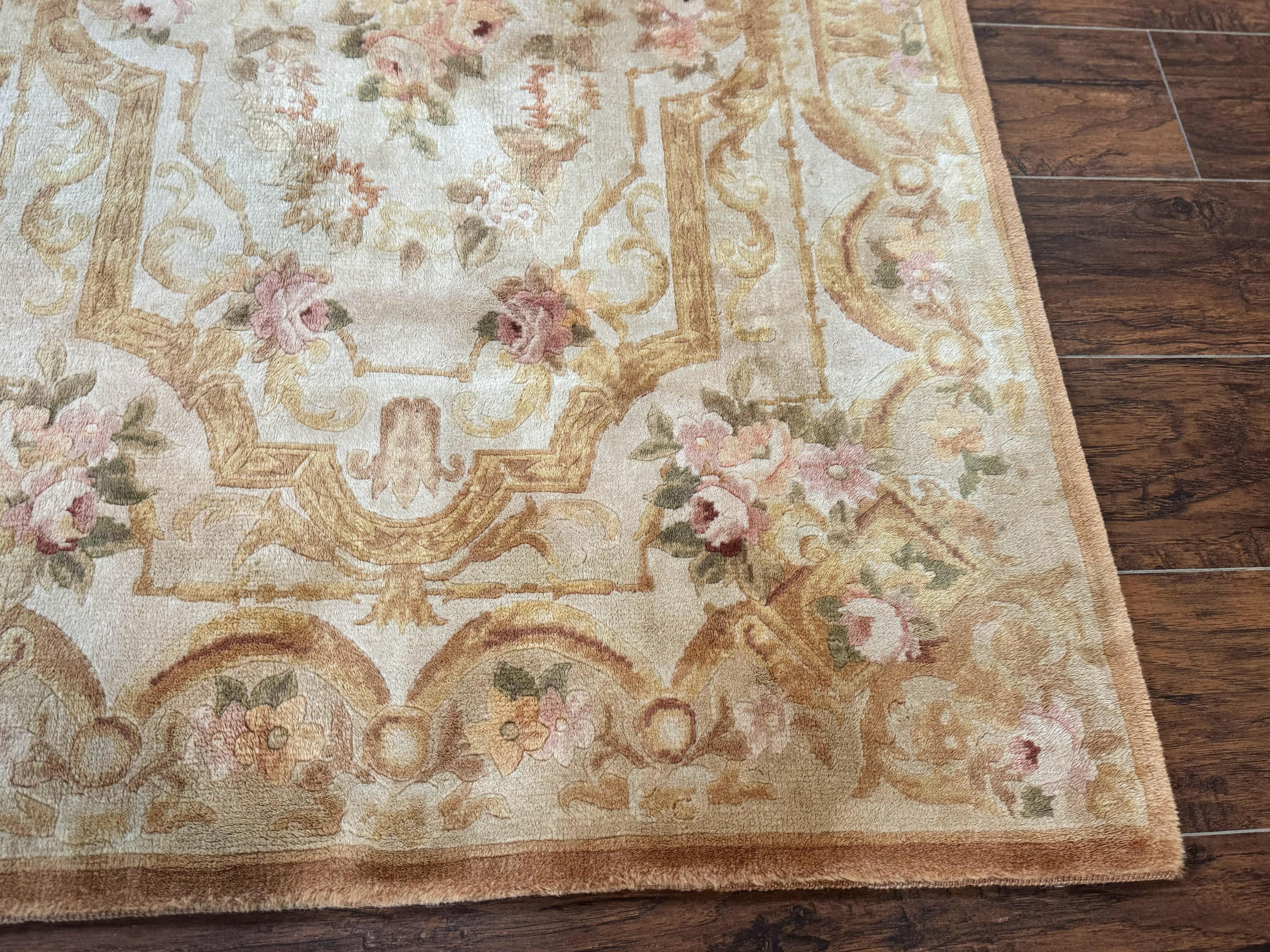 Chinese Aubusson Rug 3.6 x 5, Beige and Gold, Handmade Vintage Elegant European Design Carpet, Plush Wool, Handmade - Jewel Rugs