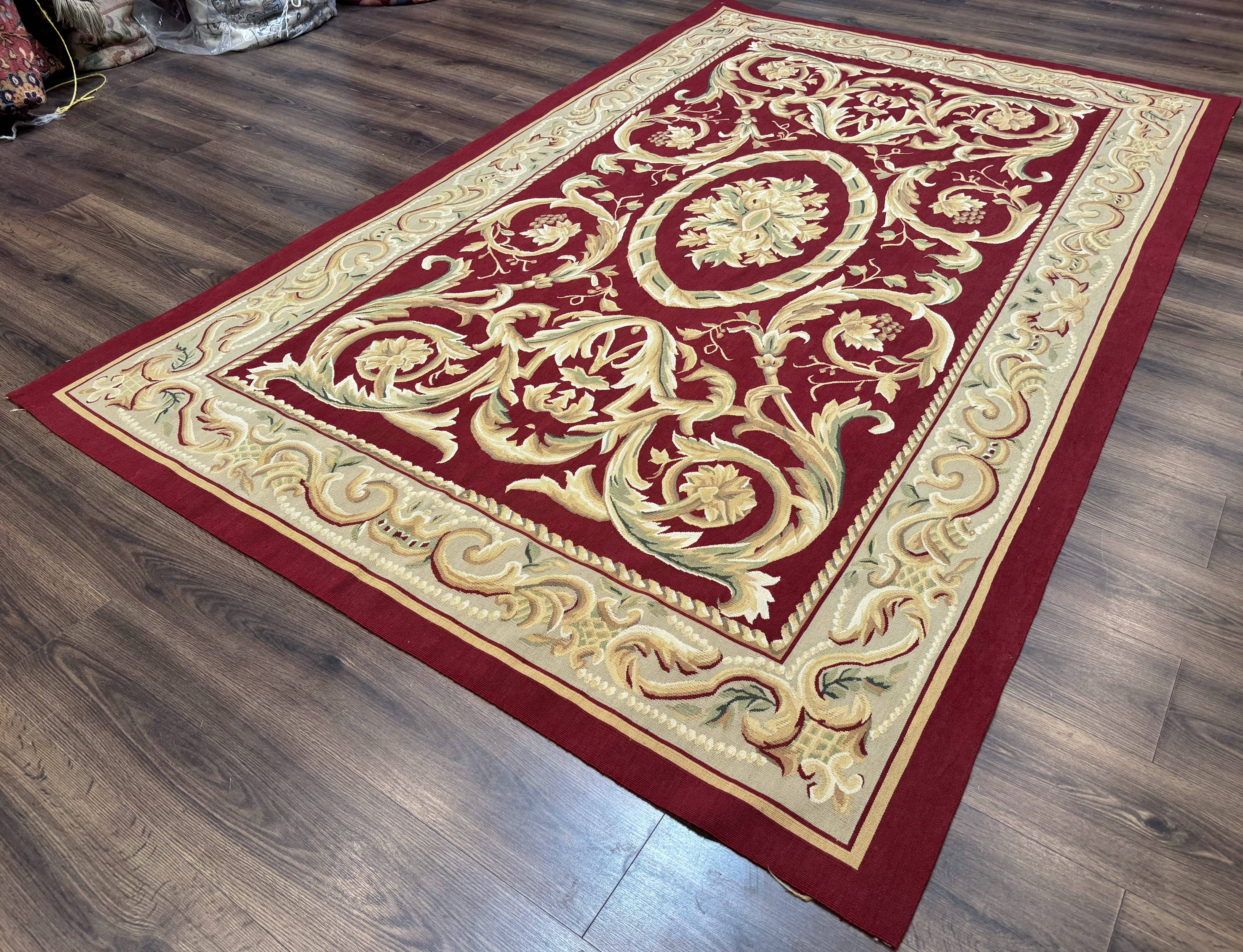 Burgundy Aubusson Rug 6x9, Vintage Wool Carpet - Jewel Rugs