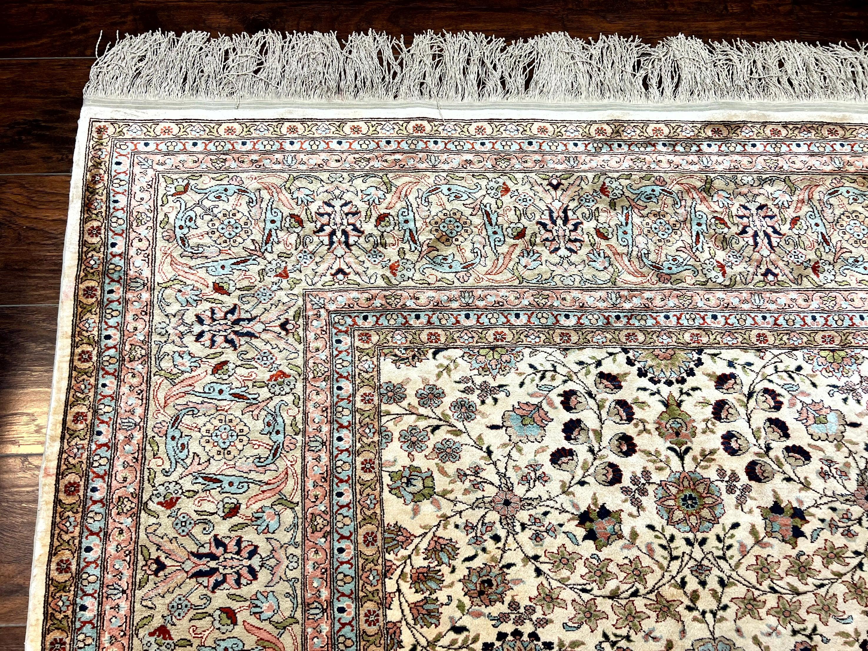 Wonderful Silk Hereke Rug 8x12, Silk Pile on Silk Foundation, Ivory/Cream, Floral Pattern, Handmade, Vintage - Jewel Rugs