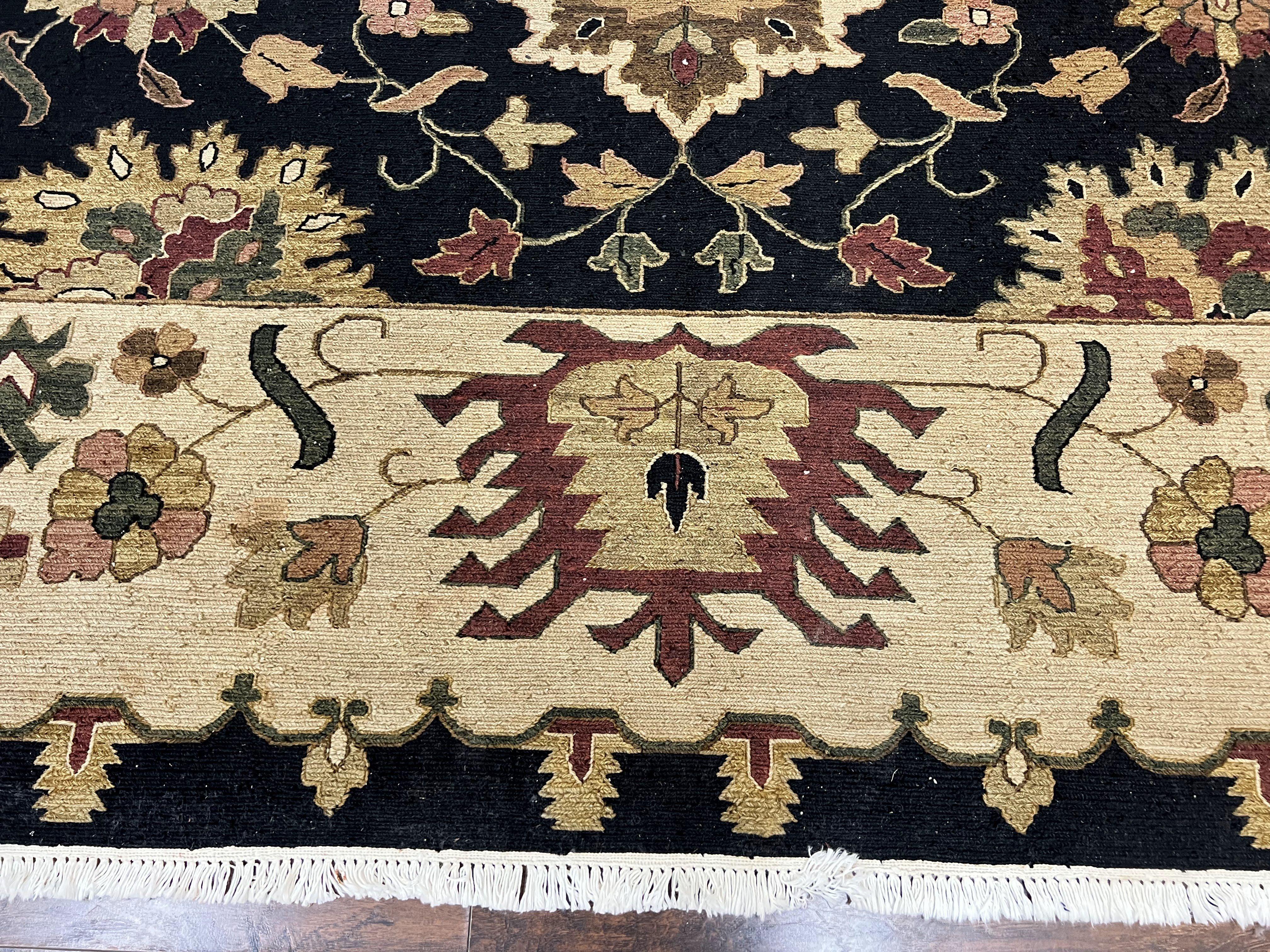 Indo Persian Rug 10x14, Wool Handmade Room Sized Floral Oriental Carpet, Indian Mahal Flatweave Rug, Black Beige - Jewel Rugs
