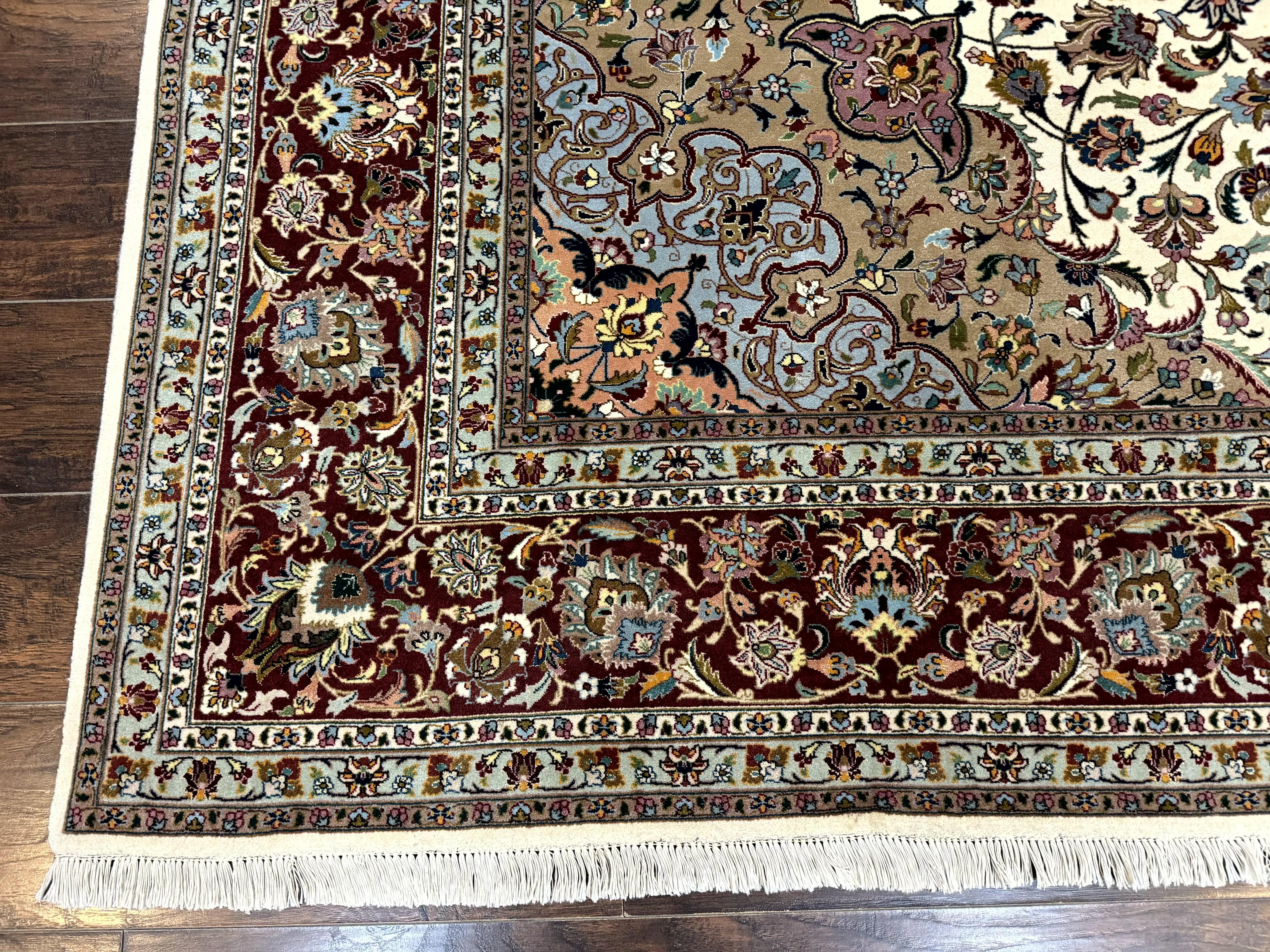 Persian Tabriz Rug 8x11, Floral Medallion Traditional Area Rug, Fine 300 KPSI, Ivory Maroon - Jewel Rugs