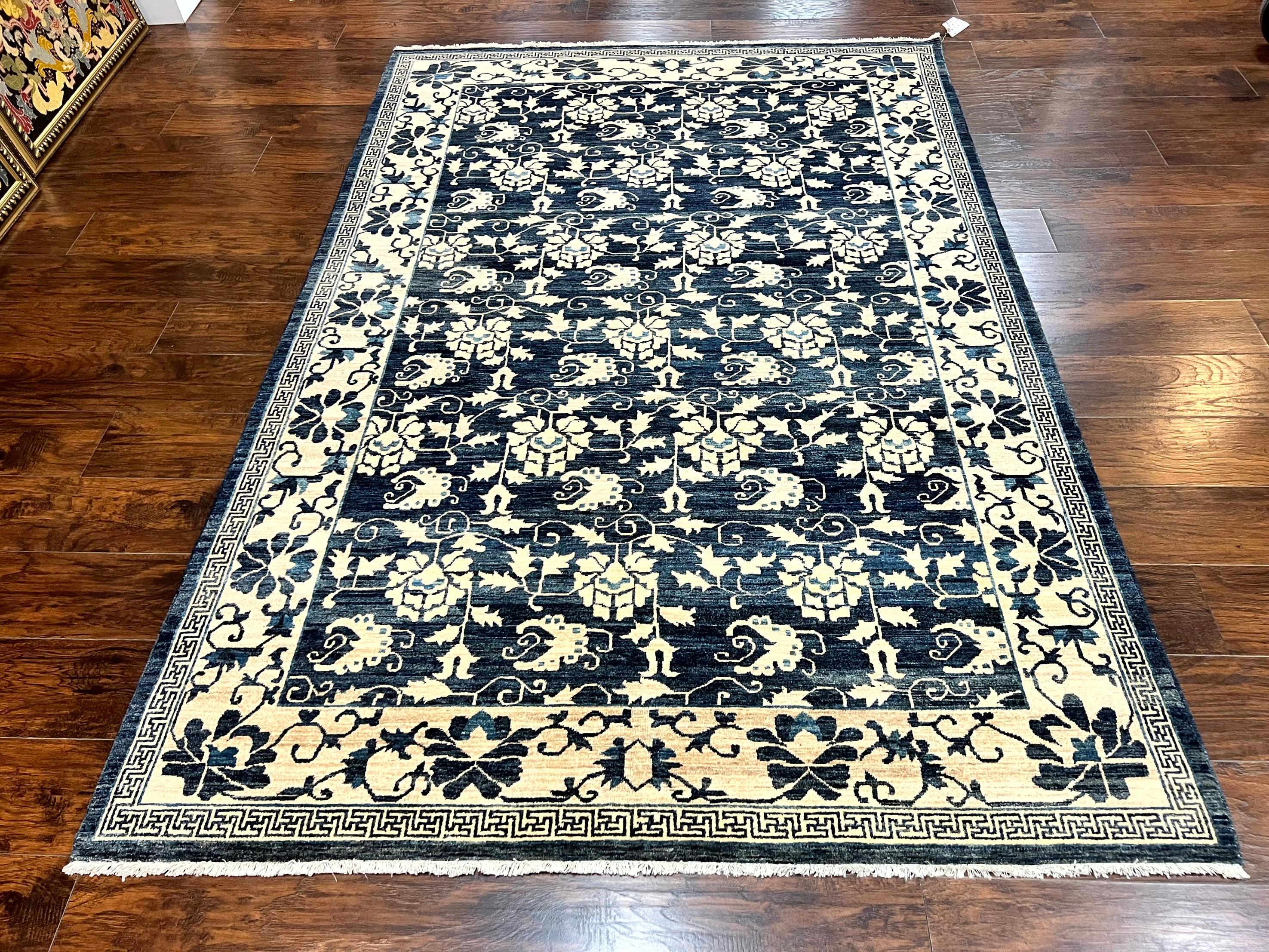 Sino Persian Rug 6x9, Hand Knotted Wool Carpet, Floral Allover, Blue Cream-Tan - Jewel Rugs