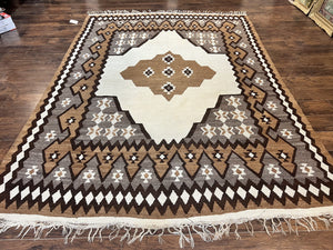 Antique Persian Fars Kilim Rug 8x11, Wool, Boho Tribal Persian Shiraz Flatweave Carpet, Semi Open Field, Geometric, Handmade, Vintage Semi Antique