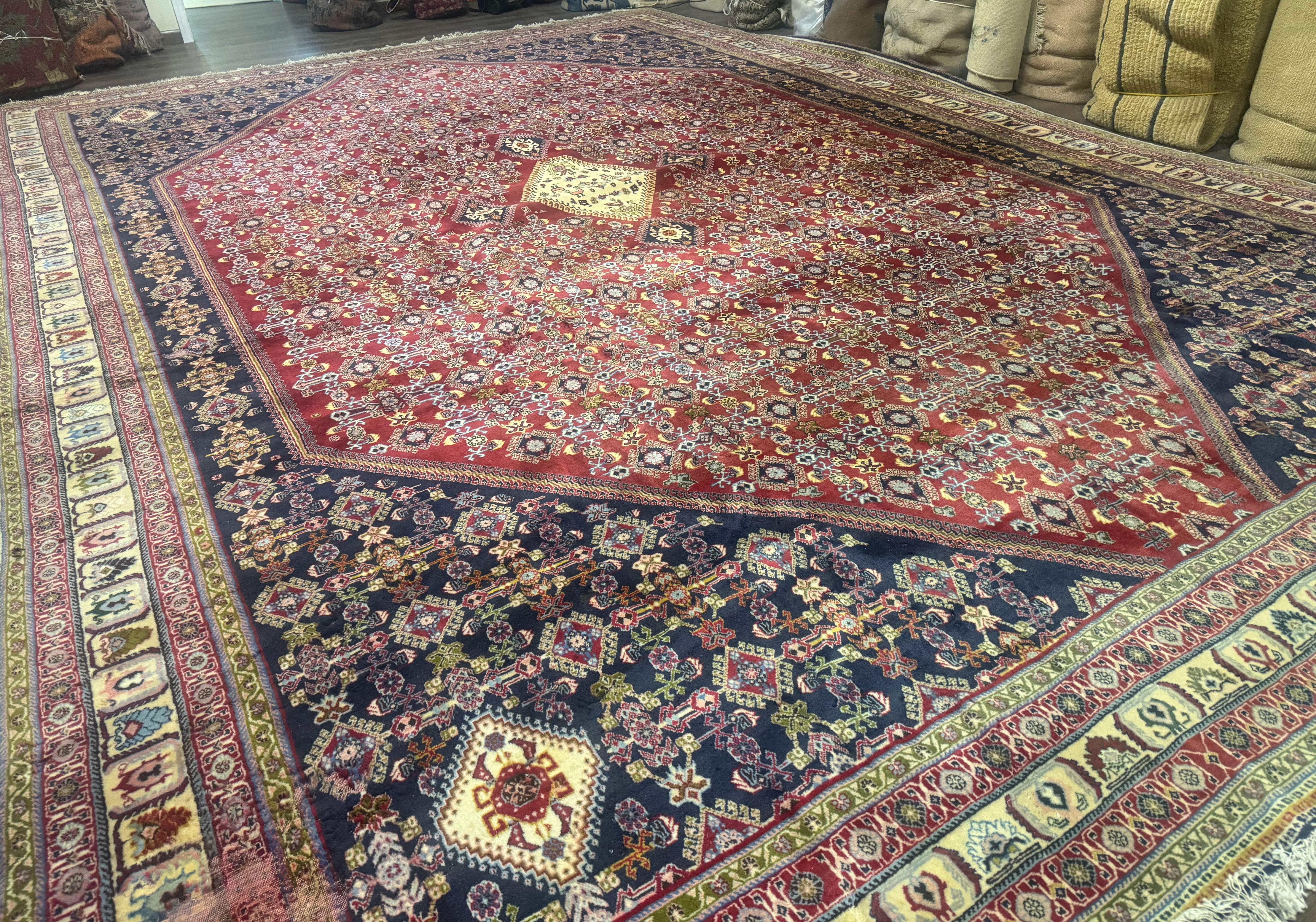 Palace Size Persian Shiraz Rug 13x19, Tribal Rug, Herati Pattern, Brick Red Navy Blue Beige, Oversized Persian Wool Area Rug, Extra Large - Jewel Rugs