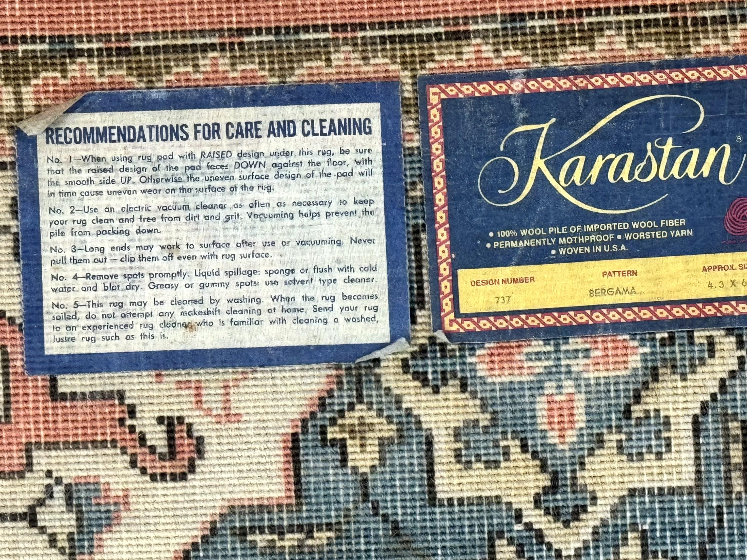 Karastan Rug 4x6 Bergama Design #737, Karastan Area Rug, Vintage Wool Karastan Carpet, Original Collection 700 Series, Salmon Red Light Blue - Jewel Rugs