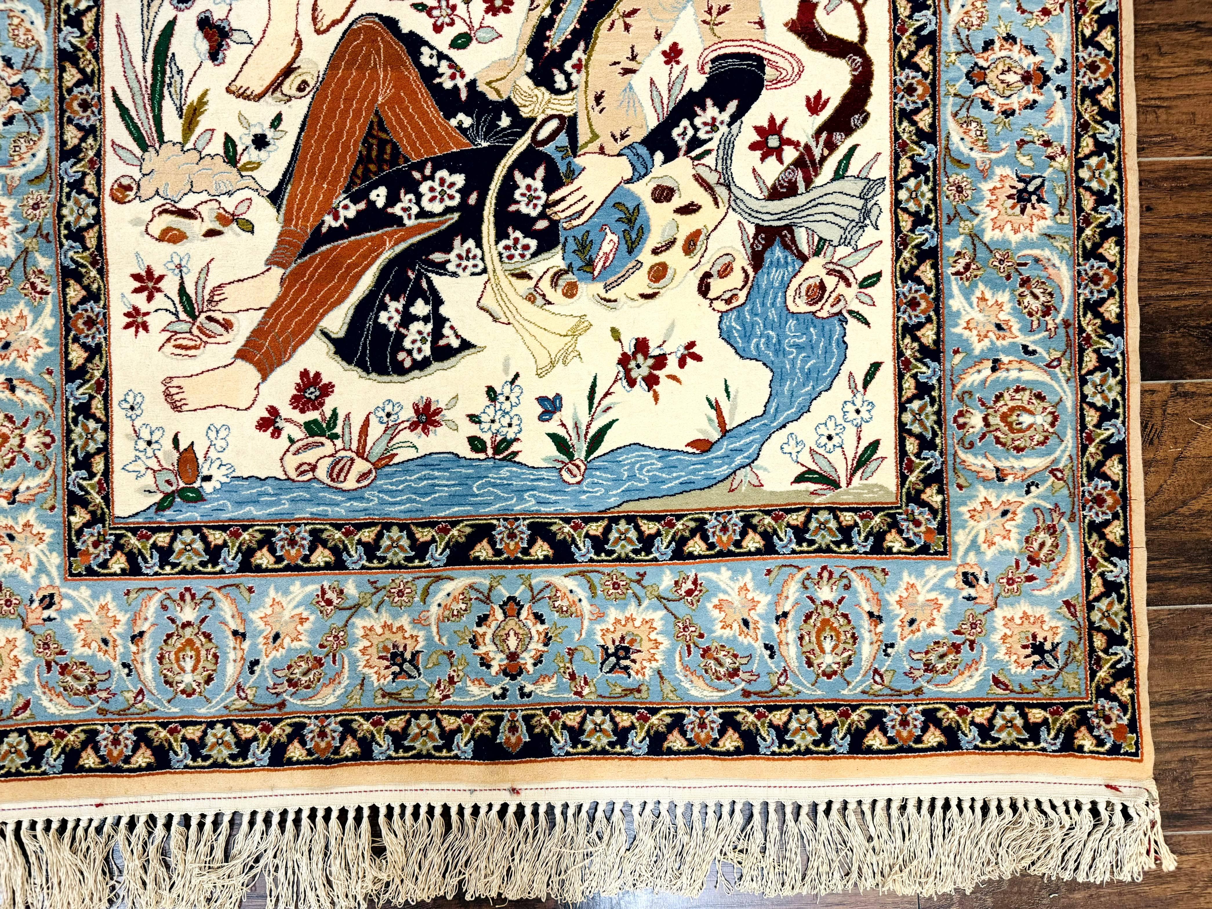 Persian Isfahan Pictorial Rug, Two Lovers, Kork Wool on Silk Foundation, Ivory and Light Blue, 500 KPSI Super Fine - Jewel Rugs