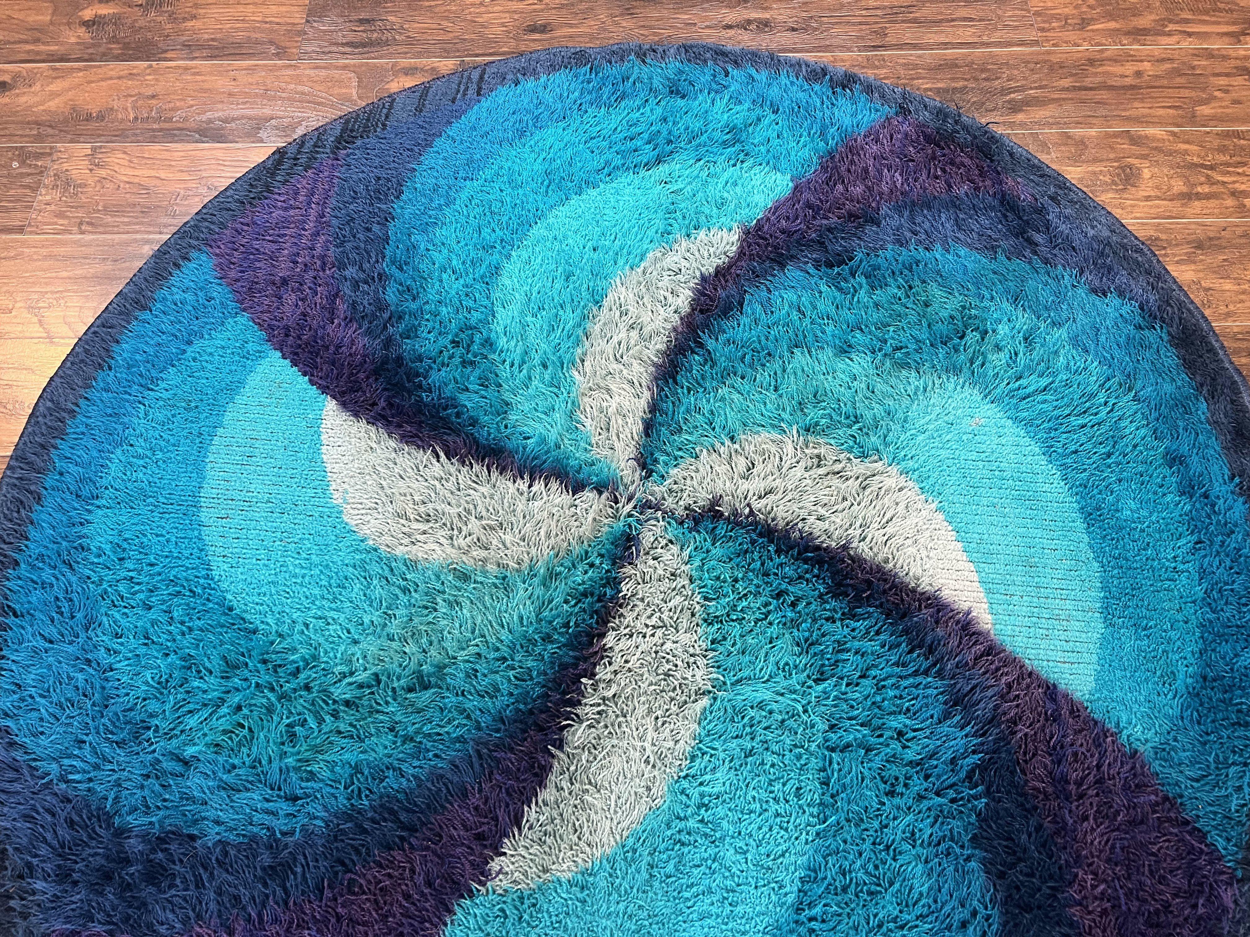 Round Rya Shag Rug 6x6 ft, Round Danish Rug, Shades of Blue, Mid Century 1960s Vintage Retro Area Rug 6ft Round - Jewel Rugs